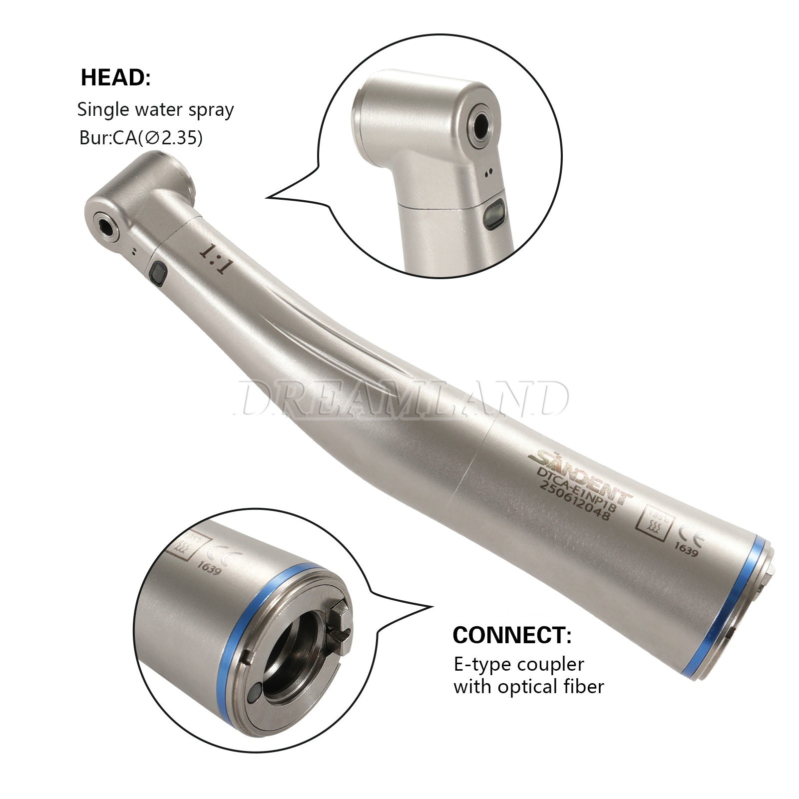 Dental 1:1 LED Light Fiber Optic Contra Angle Handpiece Fit E-type Motor DT us