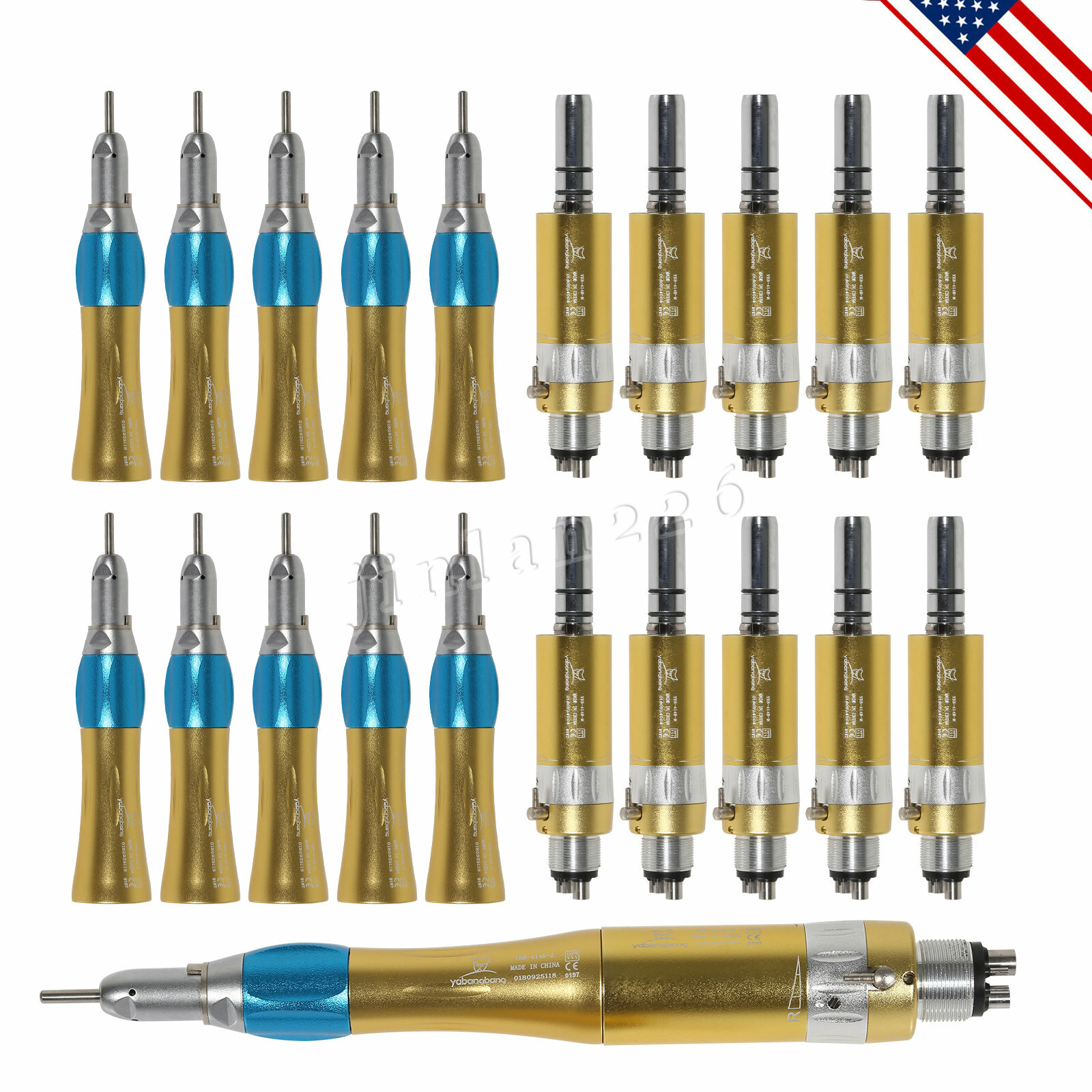 1-10 NSK Style Dental Straight Nosecone Handpiece / Air Motor 4-Holes Slow Gold