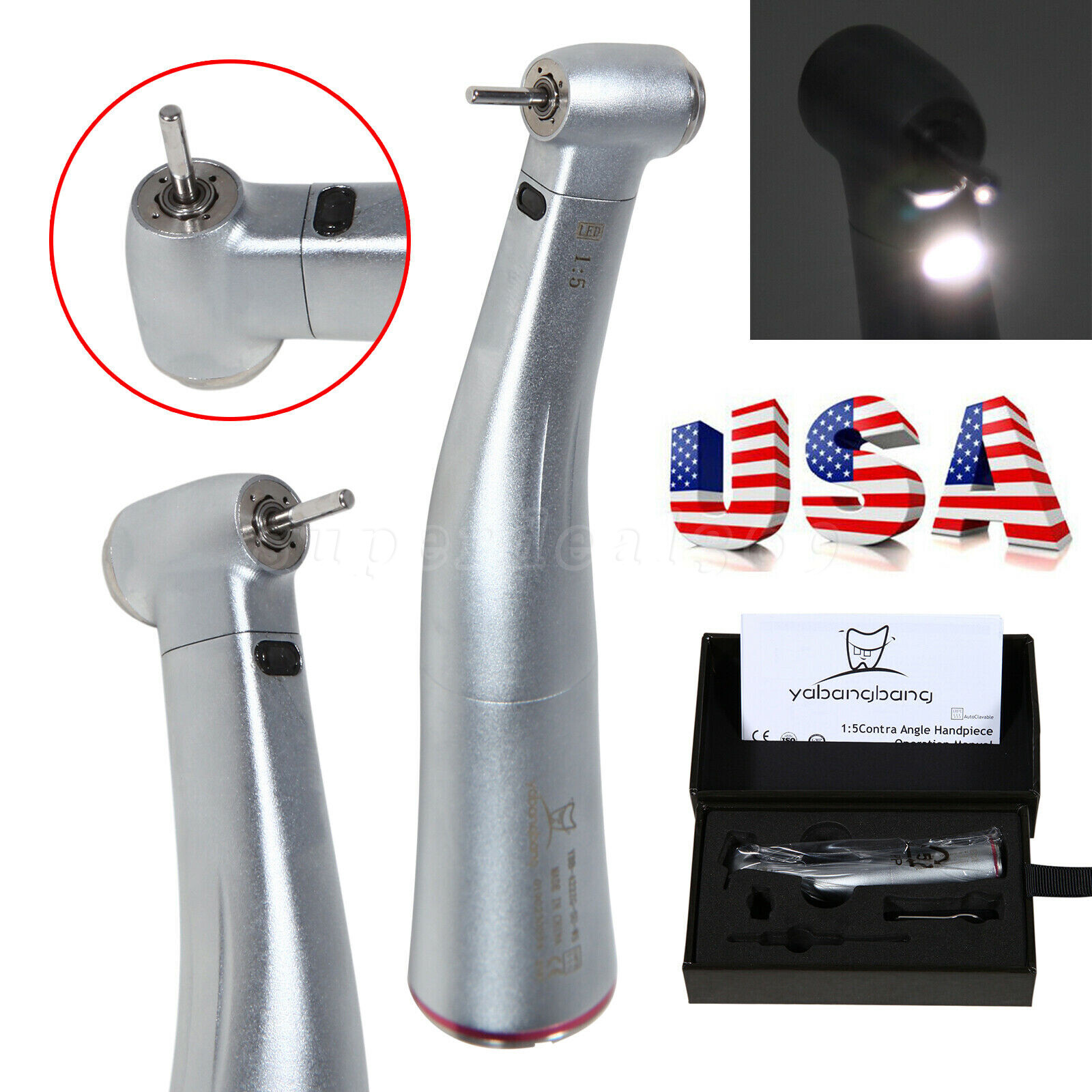 NSK Style Dental 1:5 Increasing LED Contra Angle Handpiece Push Button YBB-W5