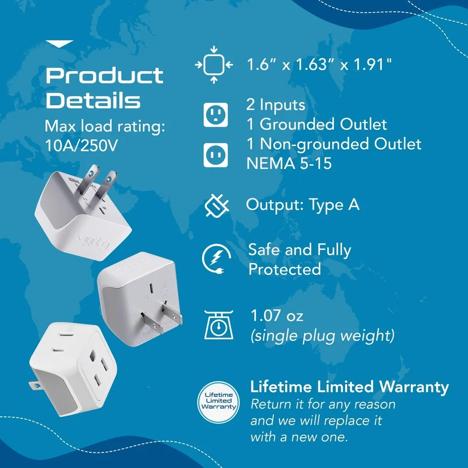 Japan, Philippines Travel Adapter Plug by Ceptics – USA 3 Pin Polarized to 2 …