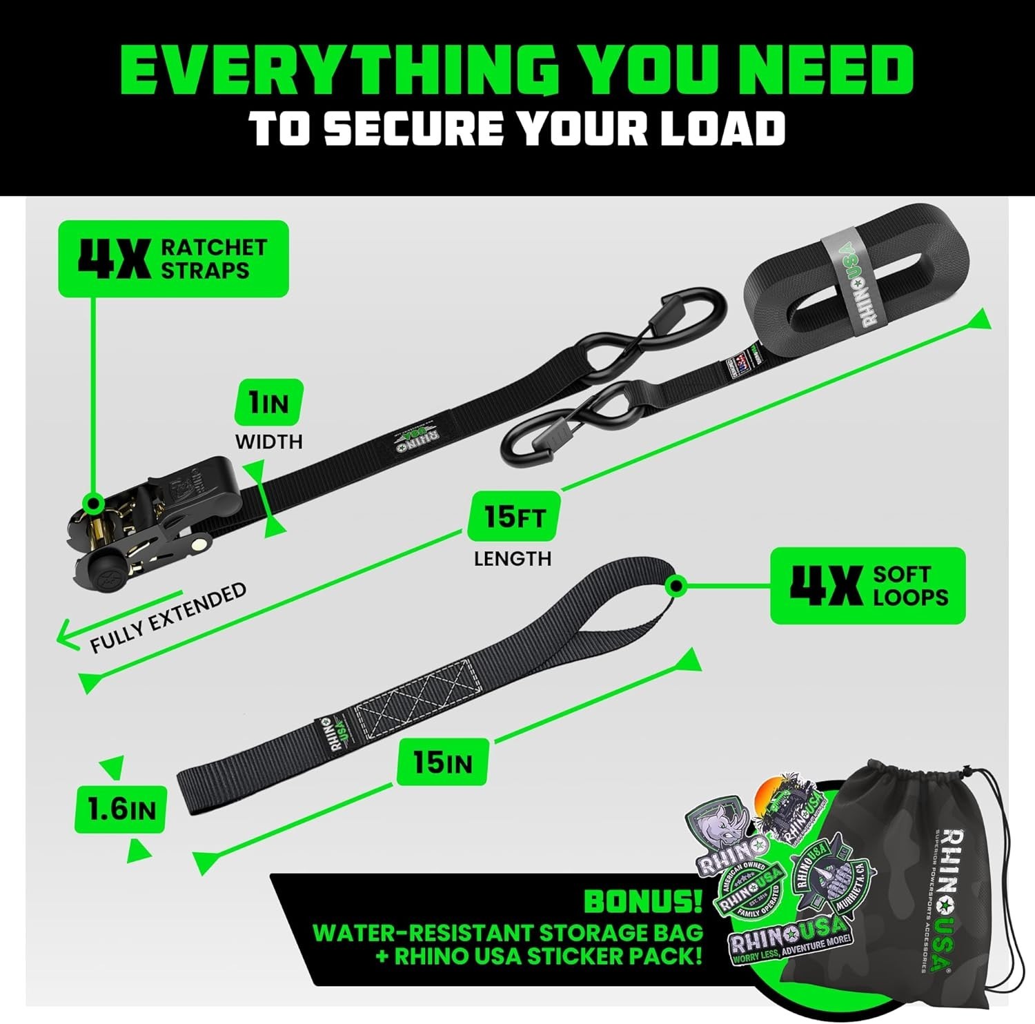 Rhino USA Ratchet Straps Tie Downs (4-Pack) – 1 Inch x 15 Feet (1,823lb Break St