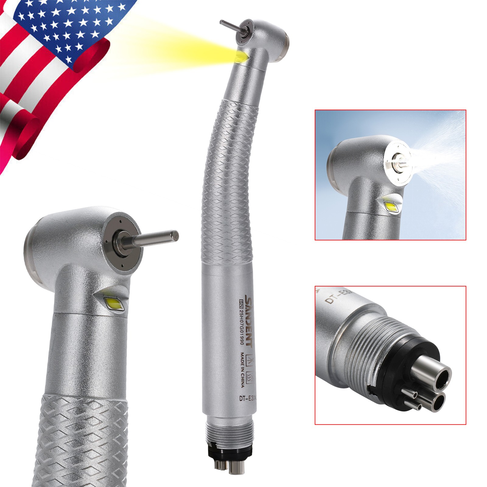 Dental LED E-generator High Speed Handpiece 4Holes 4-Port Spray SANDENT FG1.60mm