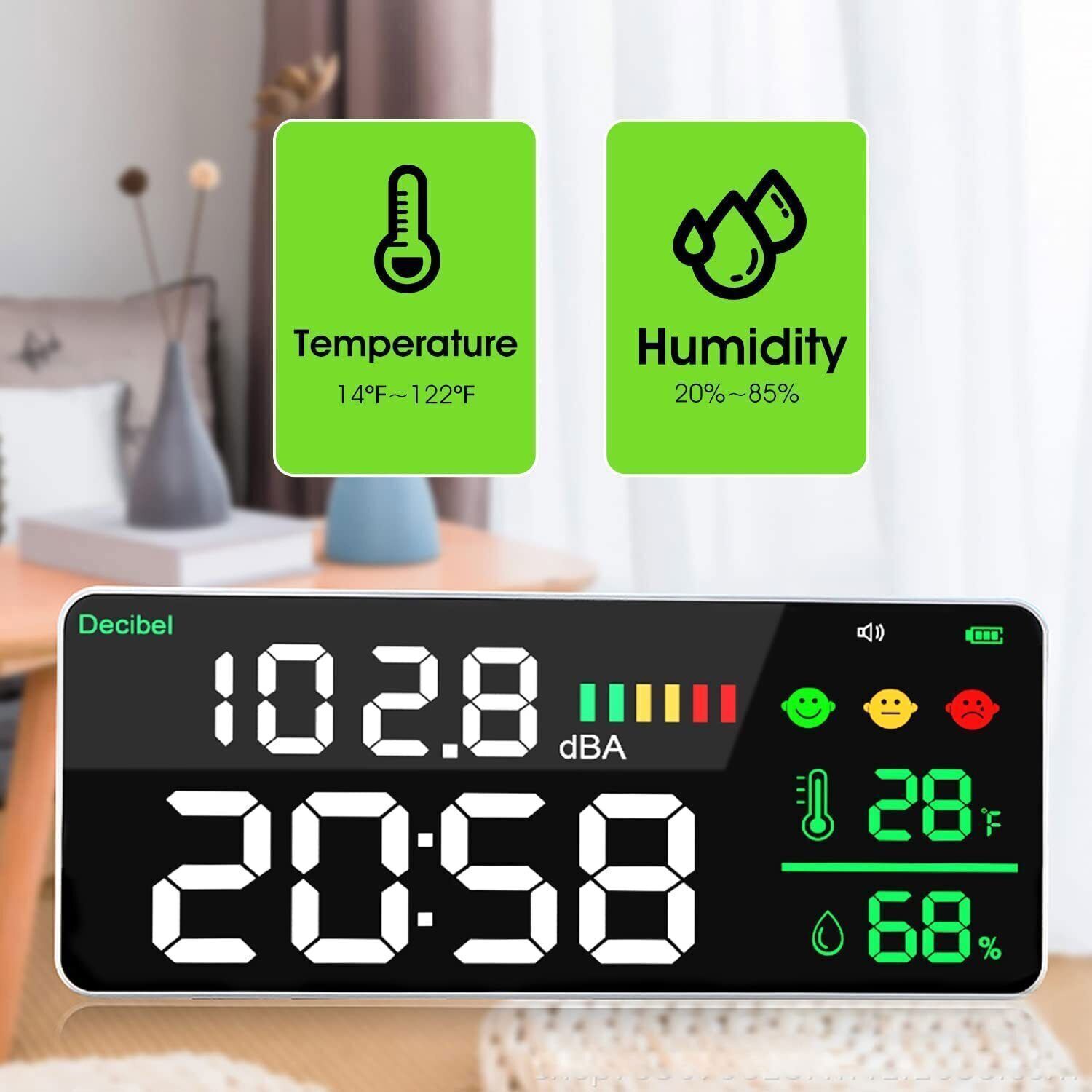 5-in-1 Decibel Meter 30-130dB Range Wall Mount Sound Level Meter 11″ Large LED