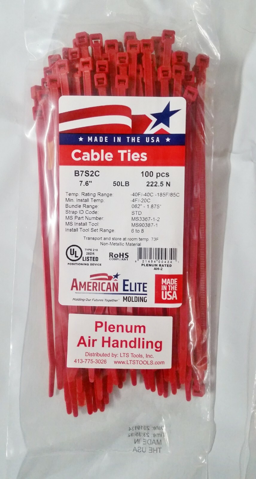 7″ Red Plenum Rated Air Handling Nylon Cable Zip Ties 50 lb, USA MADE, 500 pk