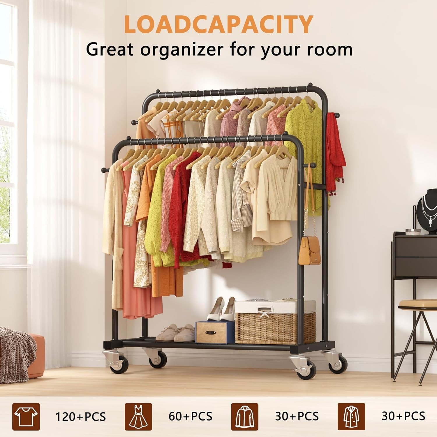 Black Double Rods Garment Rack with Wheels – 150lbs Capacity