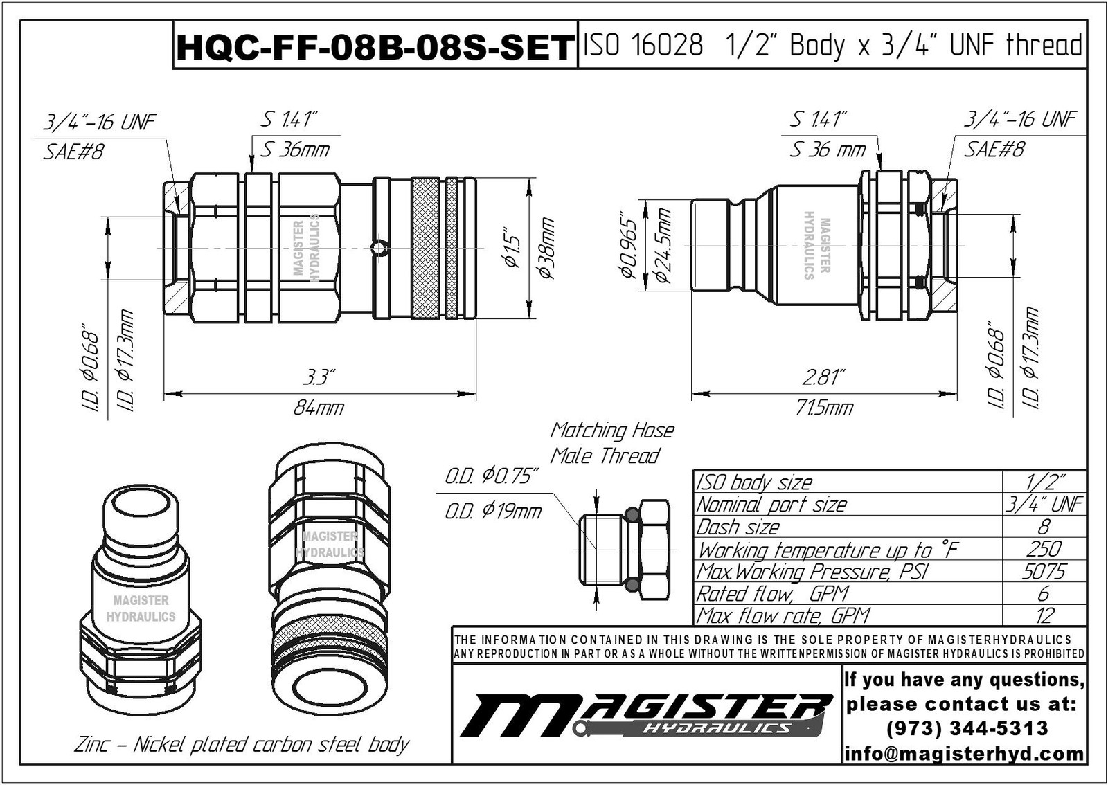 1/2″ Flat Face Hydraulic Quick Couplers Set – 1/2″ SAE Thread