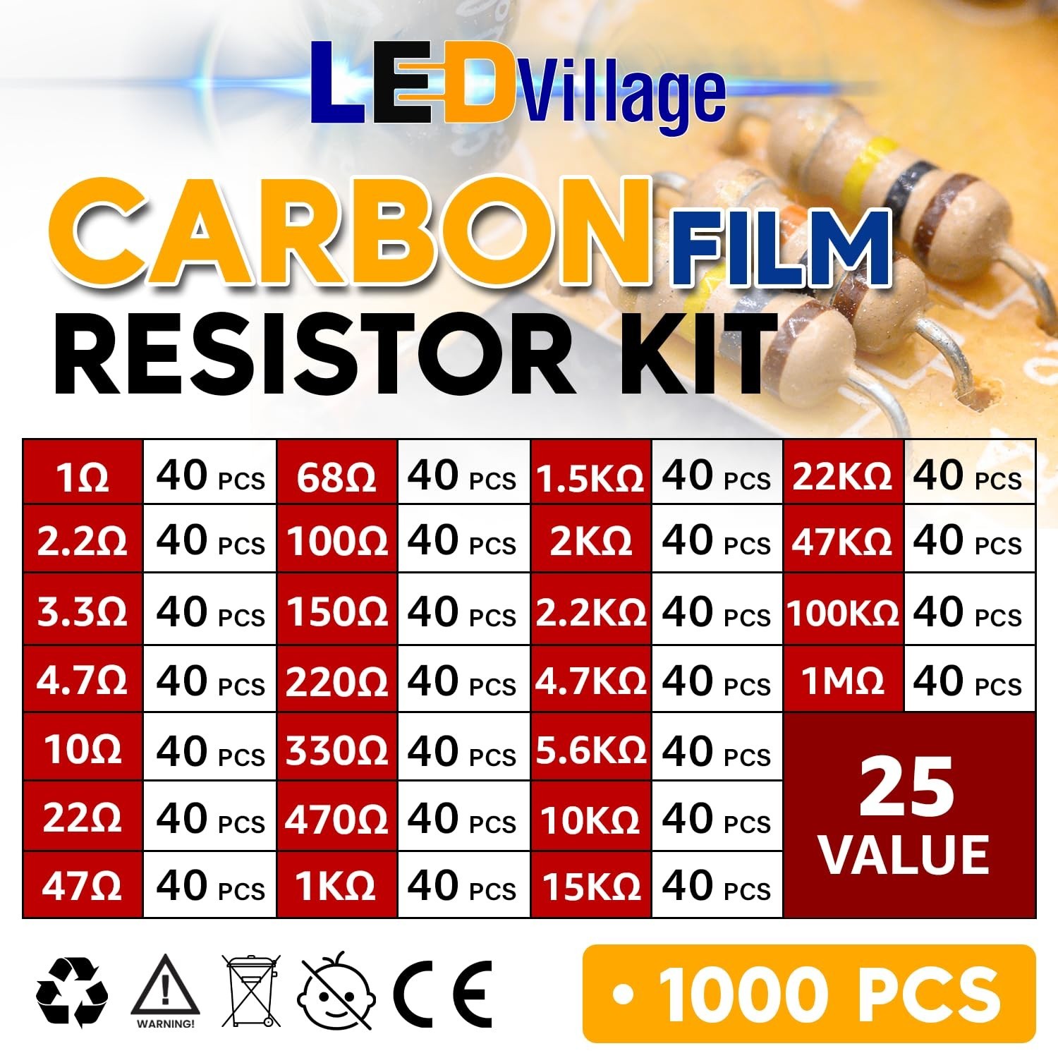500 Pieces 1/2 Watt Resistor Kit Assortment in Compartmentalized Storage Box