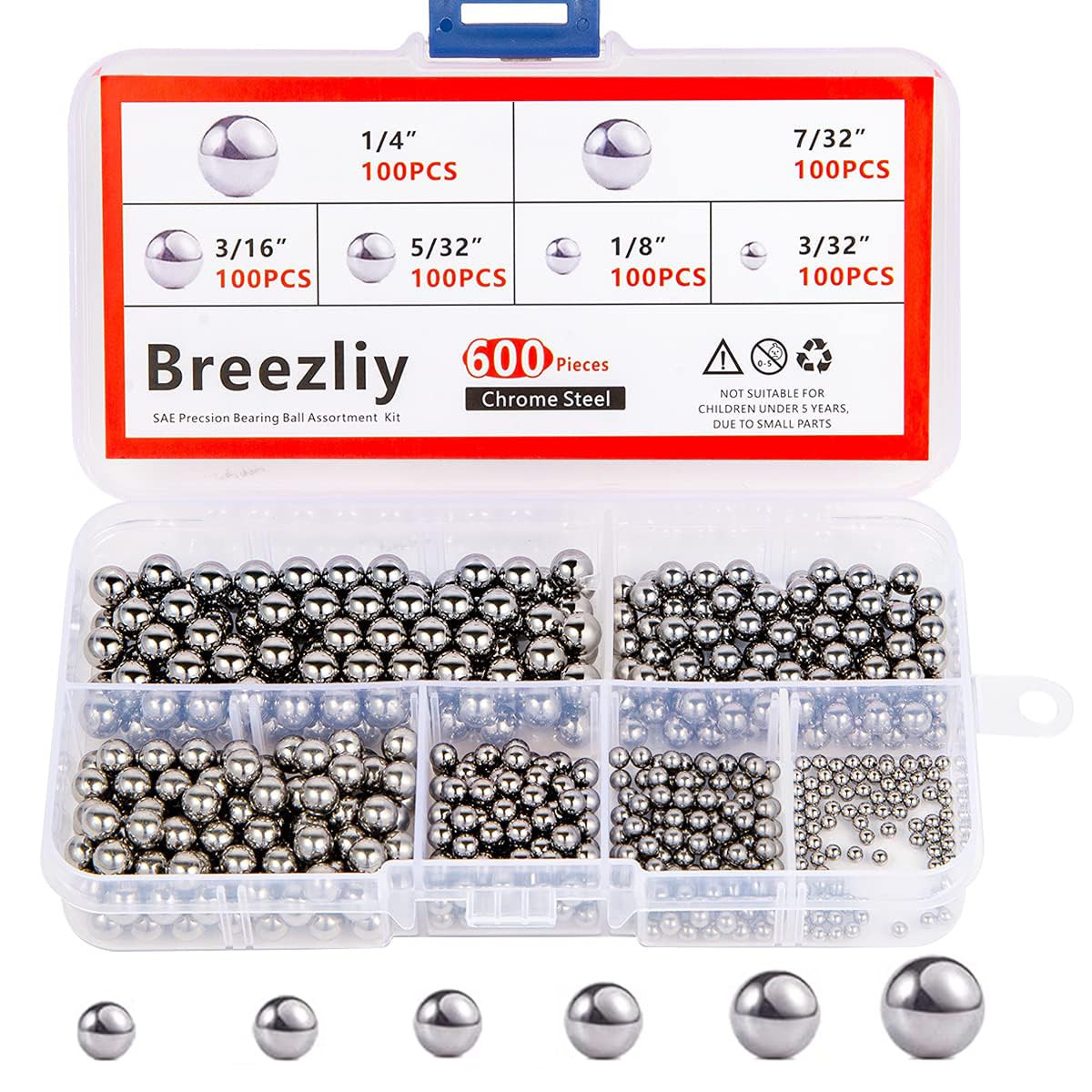 600 Piece 6 Sizes Assorted Loose Bicycle Bearing Balls 1/4″ 7/32″ 3/16″ 5/32″ 1/