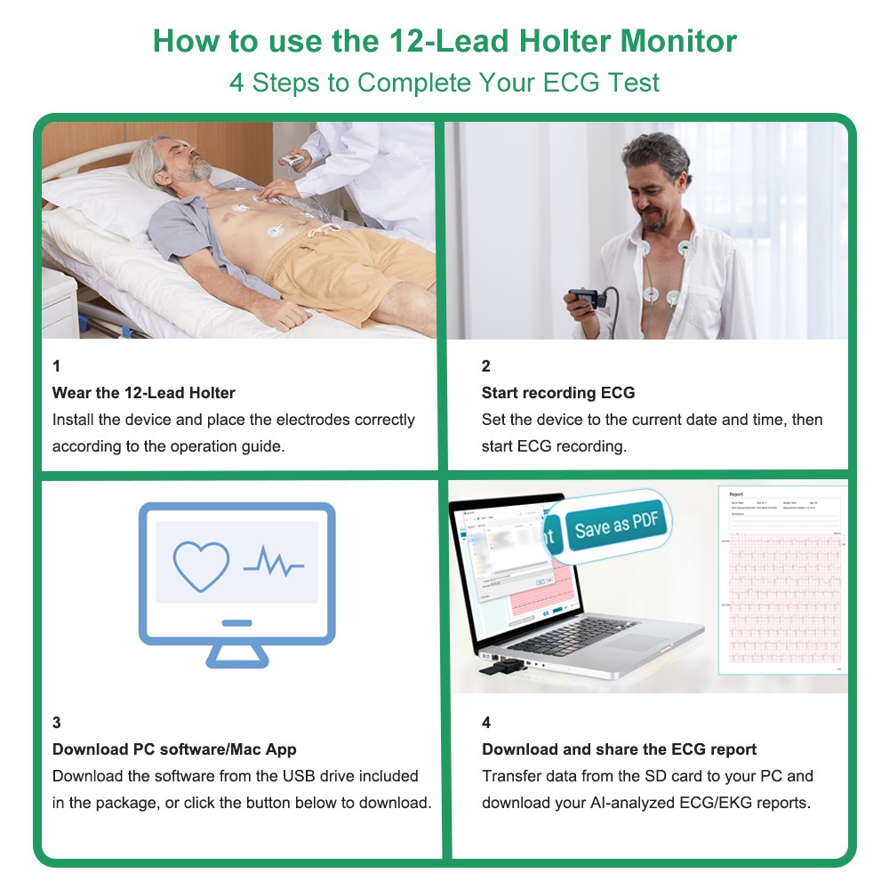 12 lead Holter Monitor 24h Portable with AI analysis software for Mac & Windows