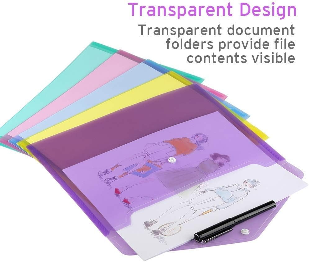 12 Eco-Friendly Plastic Folders with Colorful Snap Closure and Labeling Pockets