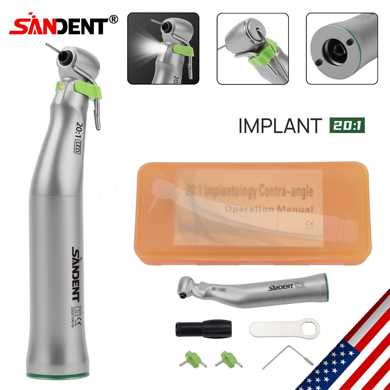 20:1 Dental LED Implant Contra Angle Handpiece for W H Surgical Motor SANDENT