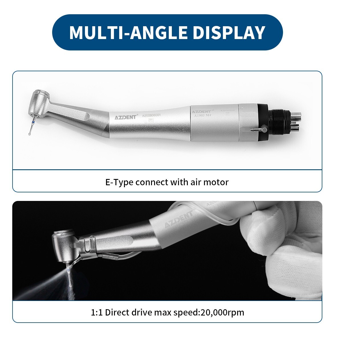 AZDENT Dental Low Speed Contra Angle Handpiece Push Button Fit FG 1.6mm Burs