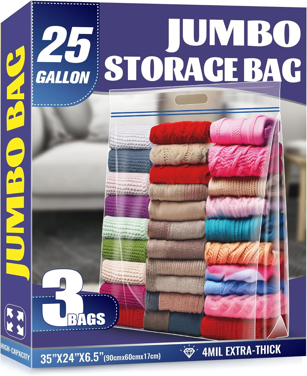 25 Gallon Jumbo Storage Bags, 35″ x 24″ Clear Plastic Zipper Bags with Handle…