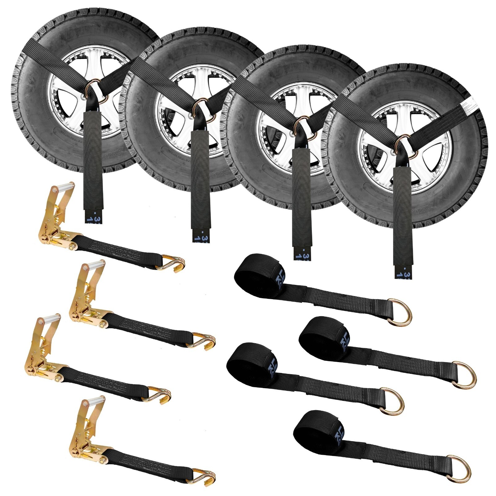 USA 4 Pack 2″ x 10′ Side Mount Wheel Net Tie Down Kit w/Wire J Hook Auto Hauler