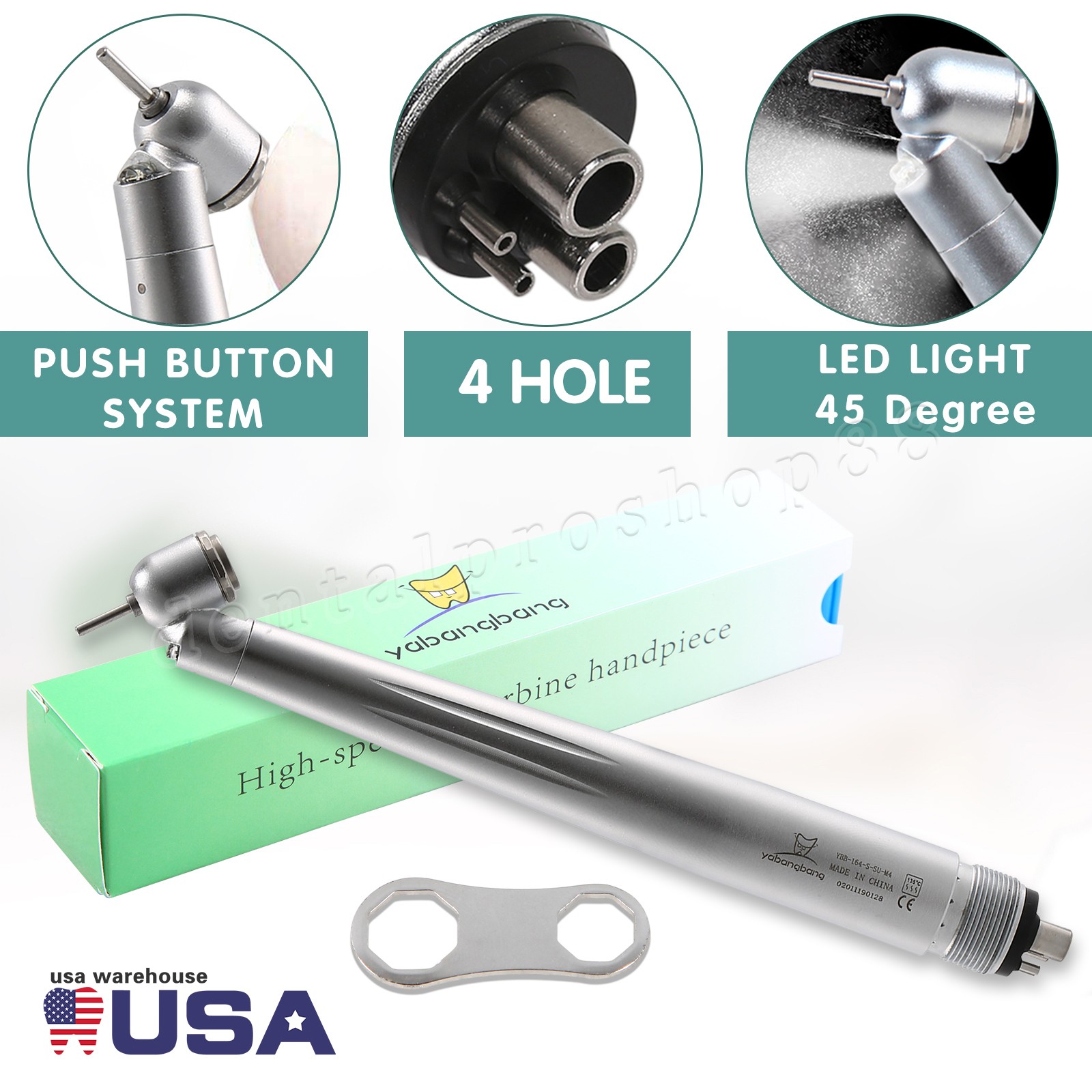LED Dental Surgical Handpiece 45° Angle 4 Hole Midwest Rear Exhaust Impact Air