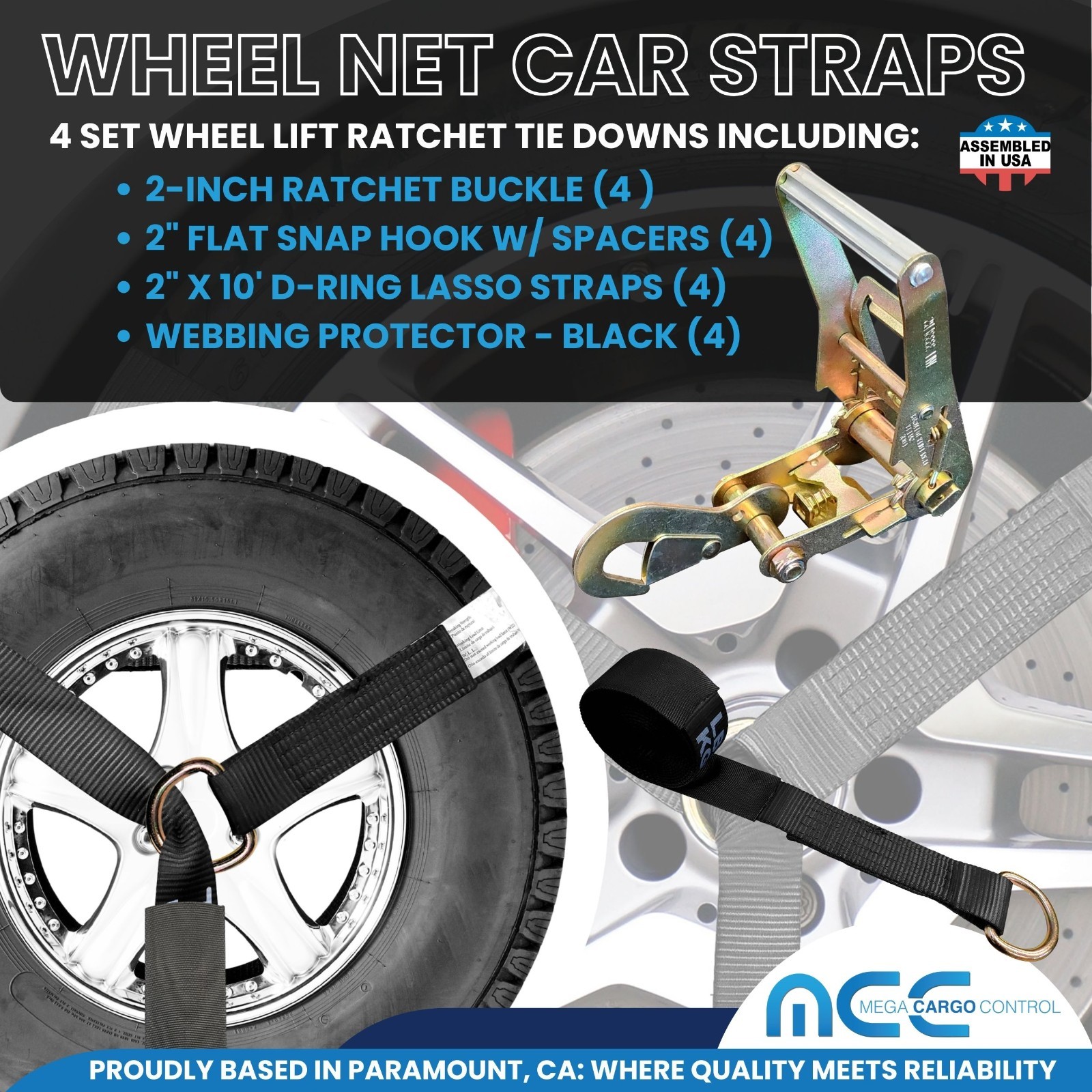 4 Sets 2″ x 10′ Ratchet w/Flat Snap Hook Wheel Lift Lasso Strap Tow Truck Towing