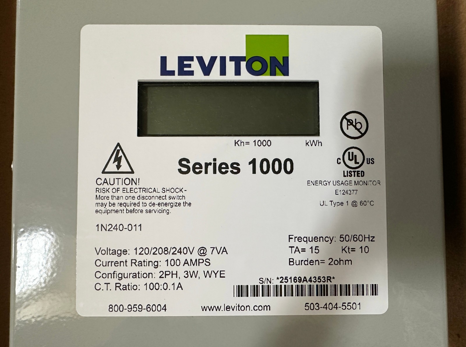 Leviton 1K240-1SW Series 1000 120/240V 100A 1P3W Indoor Kit 2 Solid Core CTs,