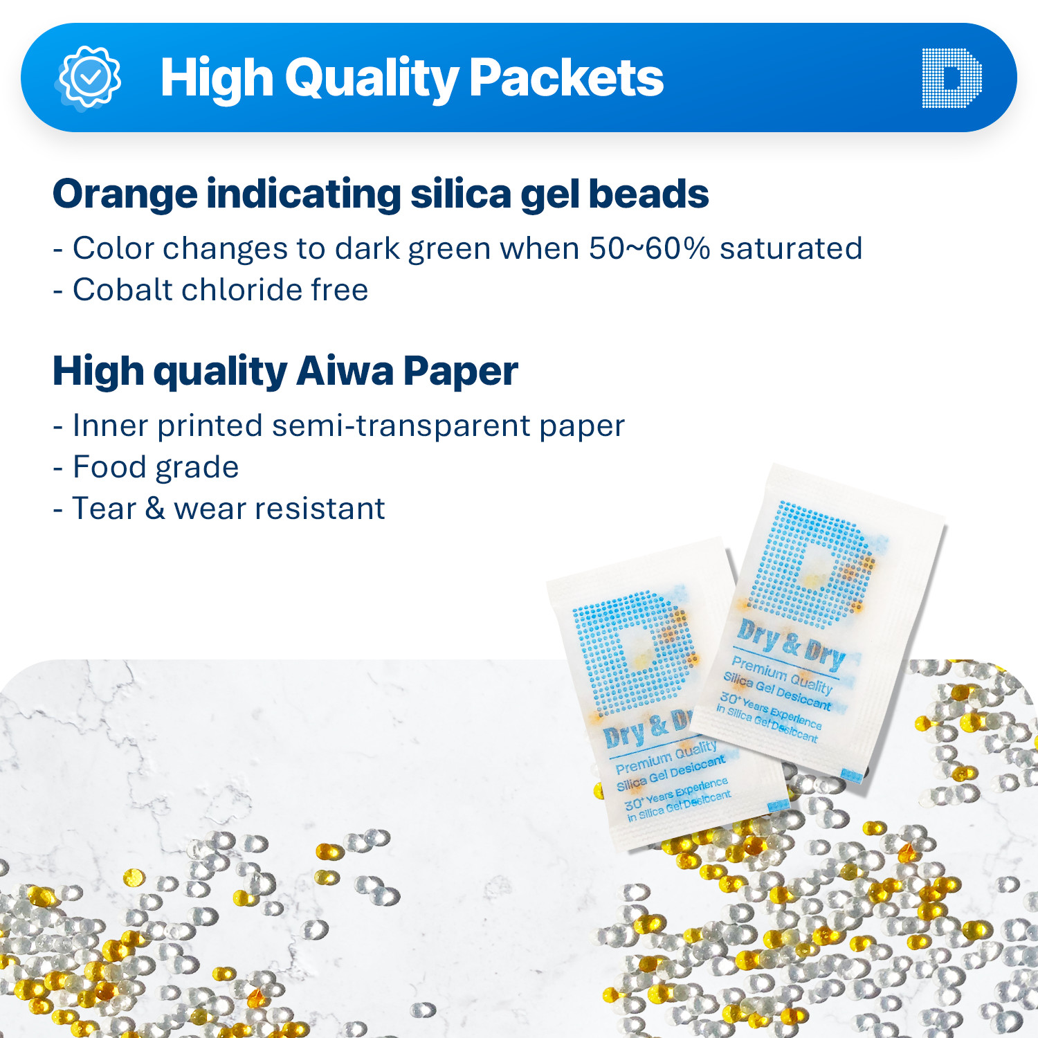 2 gram X 6000 PK “Dry & Dry” Food Grade Orange Indicating Silica Gel Packets