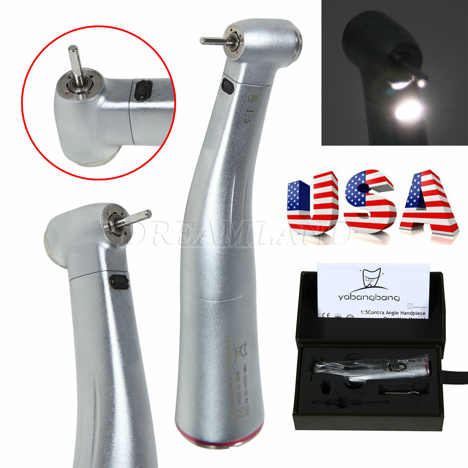 Dental 1:5 LED Fiber Optic Contra Angle Handpiece Red Ring Yabangbang 1:5