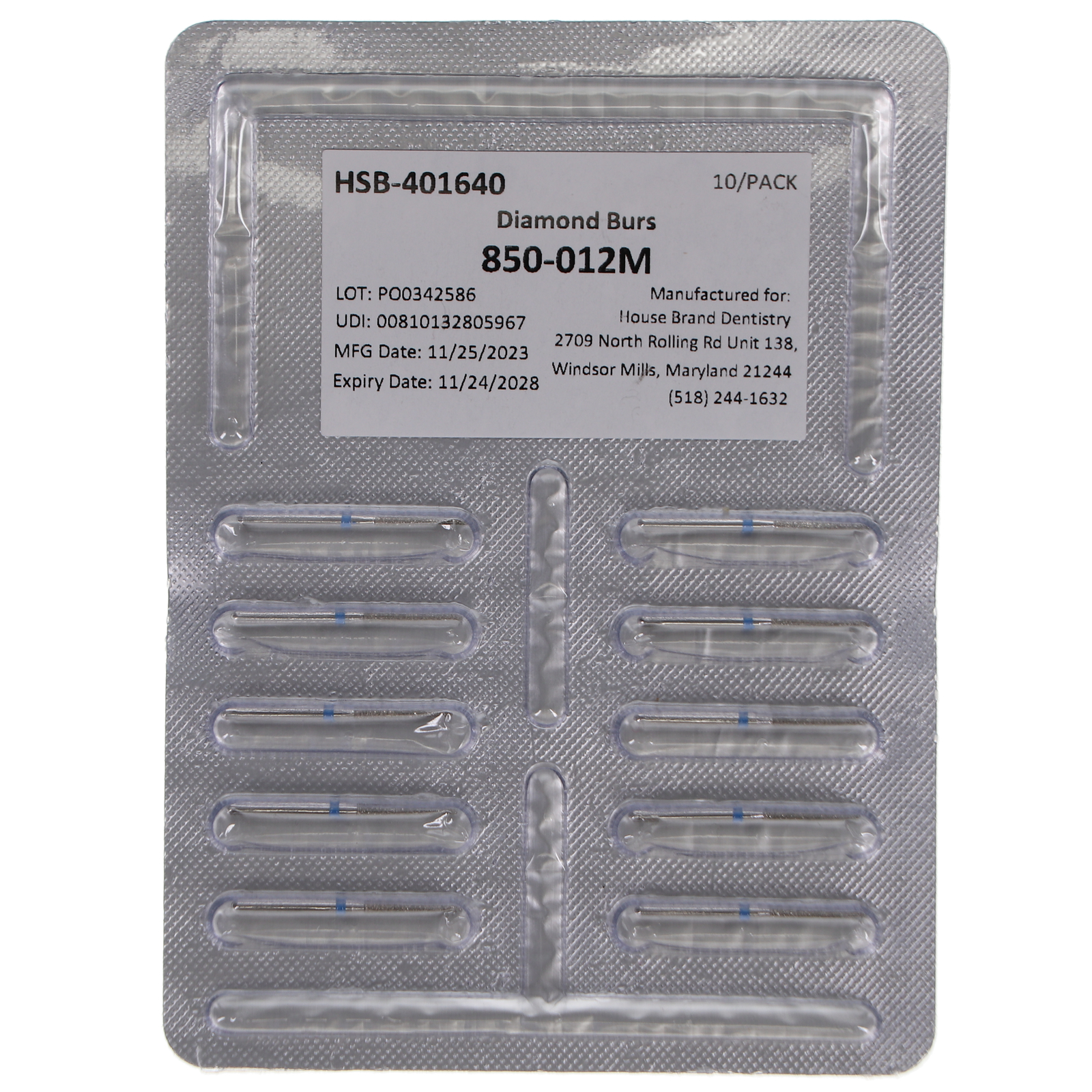 House Brand Dentistry 401640 FG 850-012M Round End Taper Medium Diamond Burs 10P