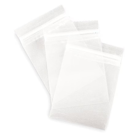 Reclosable Bag, Zip Seal, 6 In L, 6 In W, 2 Mil Thick, Low Density Polyethylene