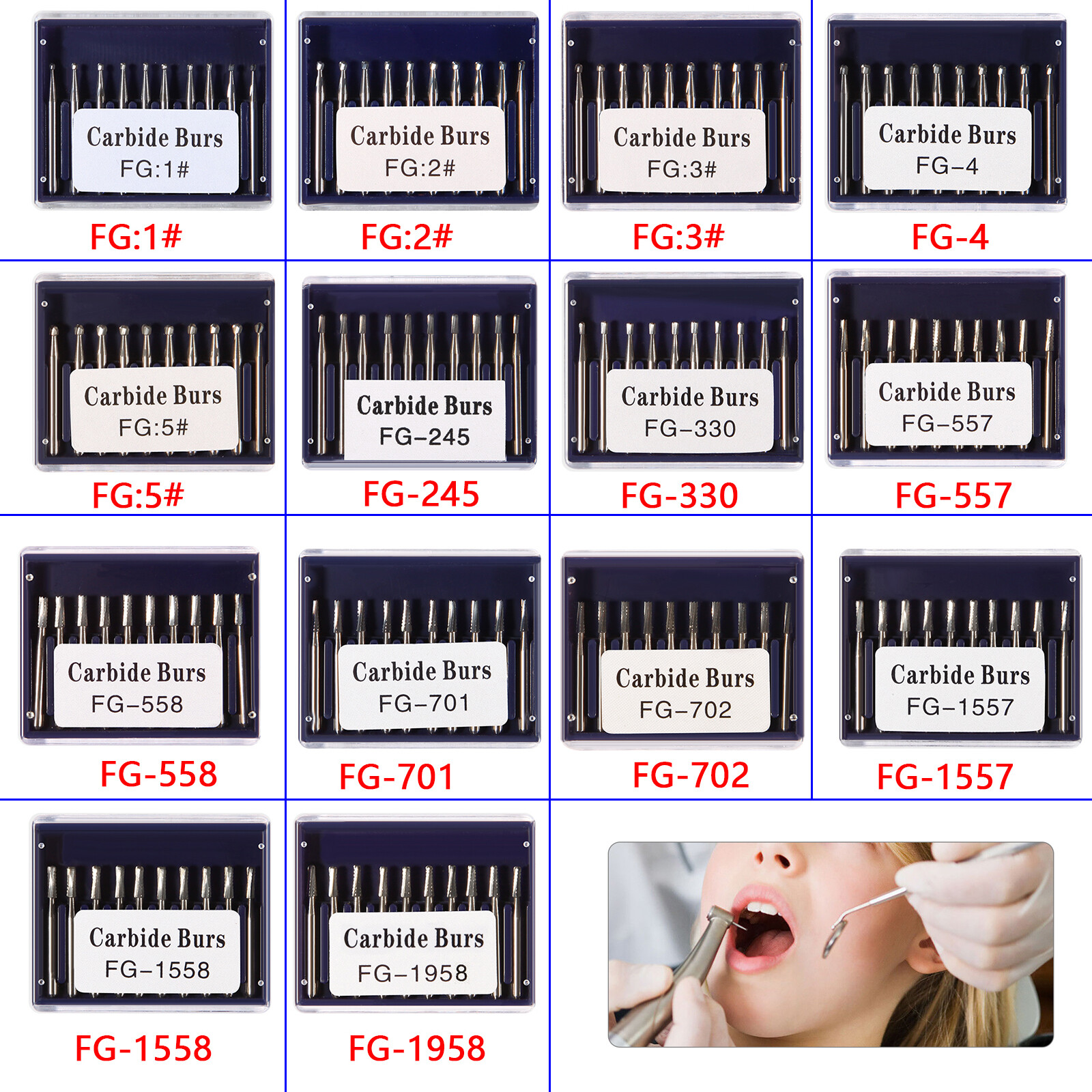 Dental Carbide Burs FG1/2/3/4/5/330 Round for High Speed Handpiece 10 Pcs/set