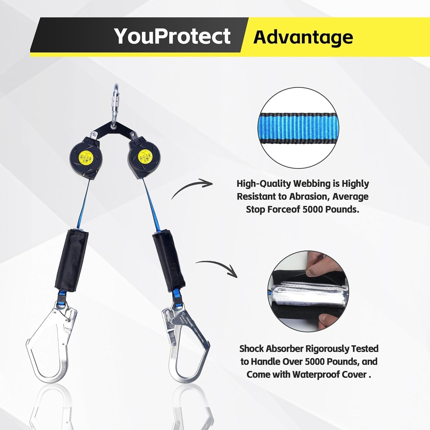 6 FT Dual Leg Self-Retracting Lifeline Web Lanyard Retractable, 2.36 in Shock Ab