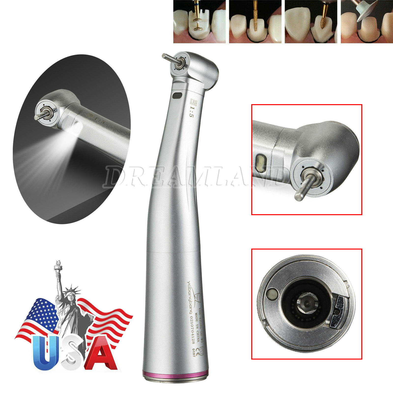 Dental Internal water spray 1:5 Increasing LED Optic Fiber Contra Angle US STOCK