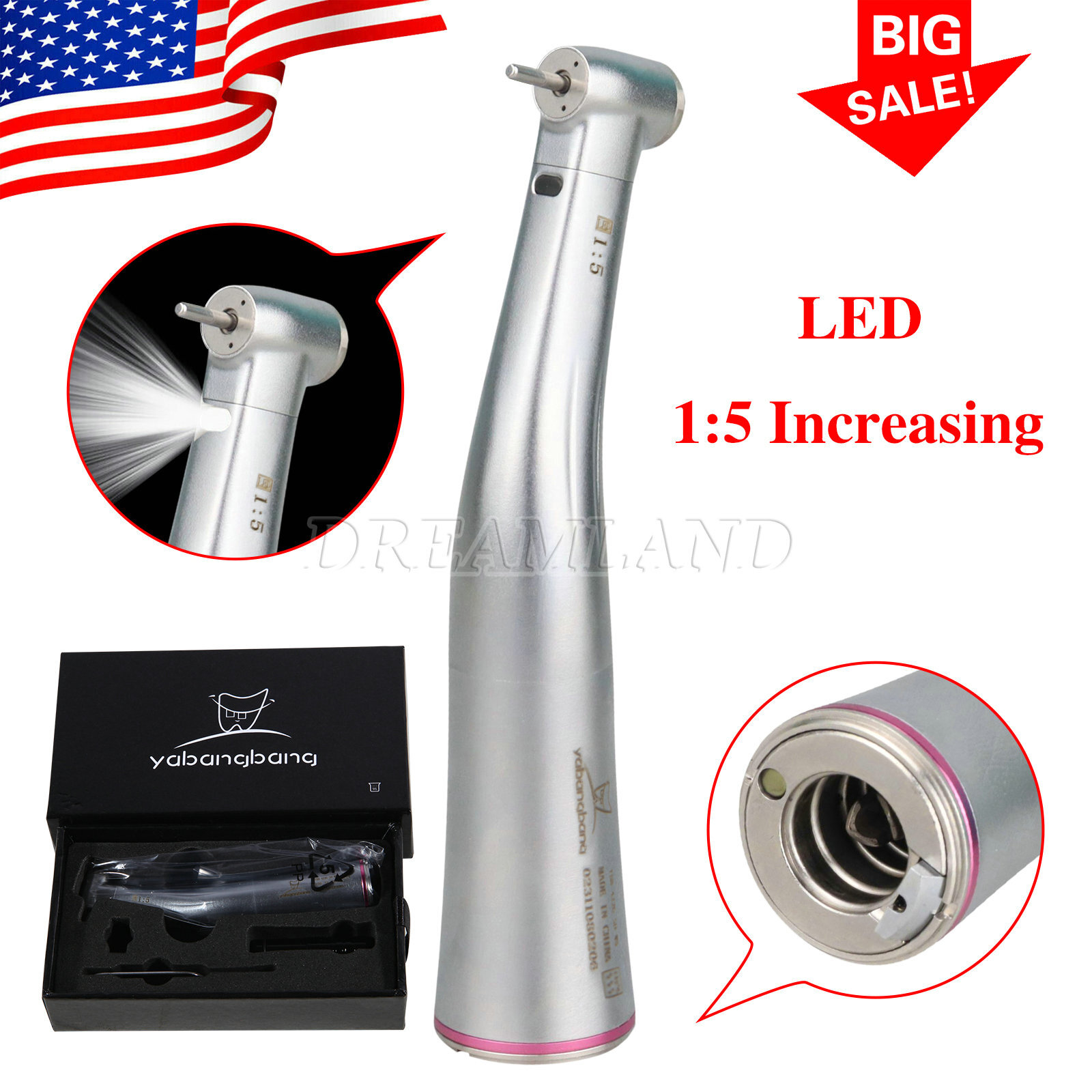 Yabangbang Dental 1:5 Fiber Optic LED Electric Handpiece Stainless Contra Angle