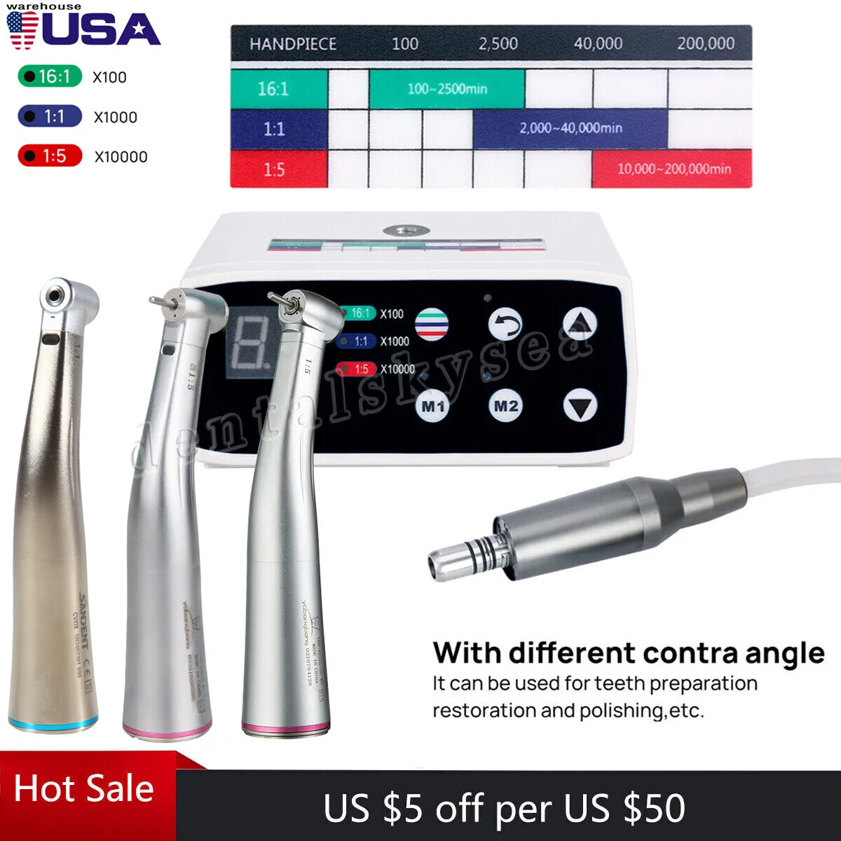 Dental Brushless LED Electric Micro Motor/1:1 1:5 Contra Angle Handpiece UPS