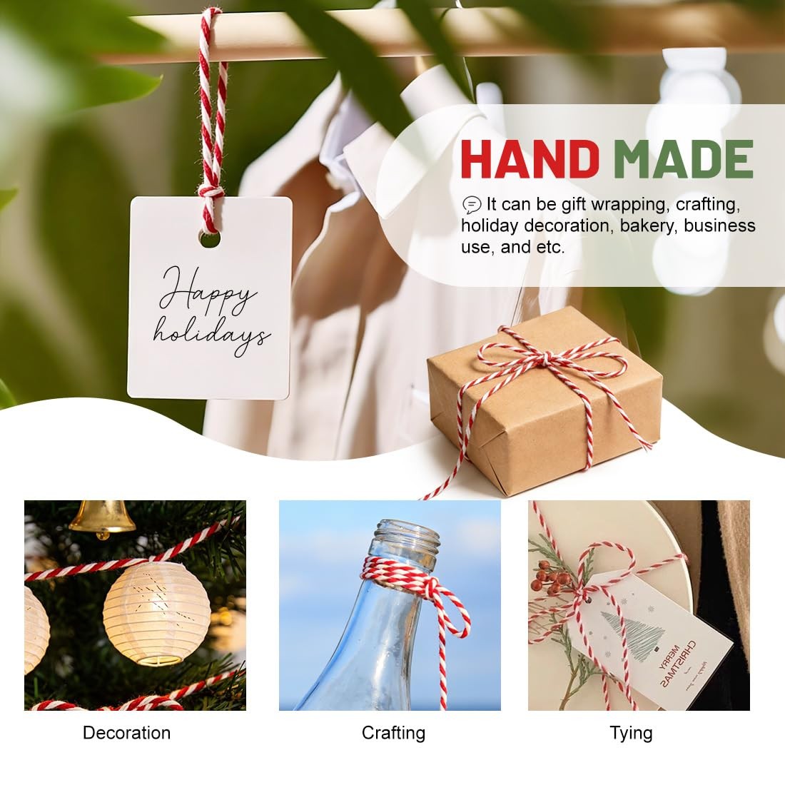 SMART&CASUAL Red and White Cotton Twine, 700 Feet Natural 700 Feet,