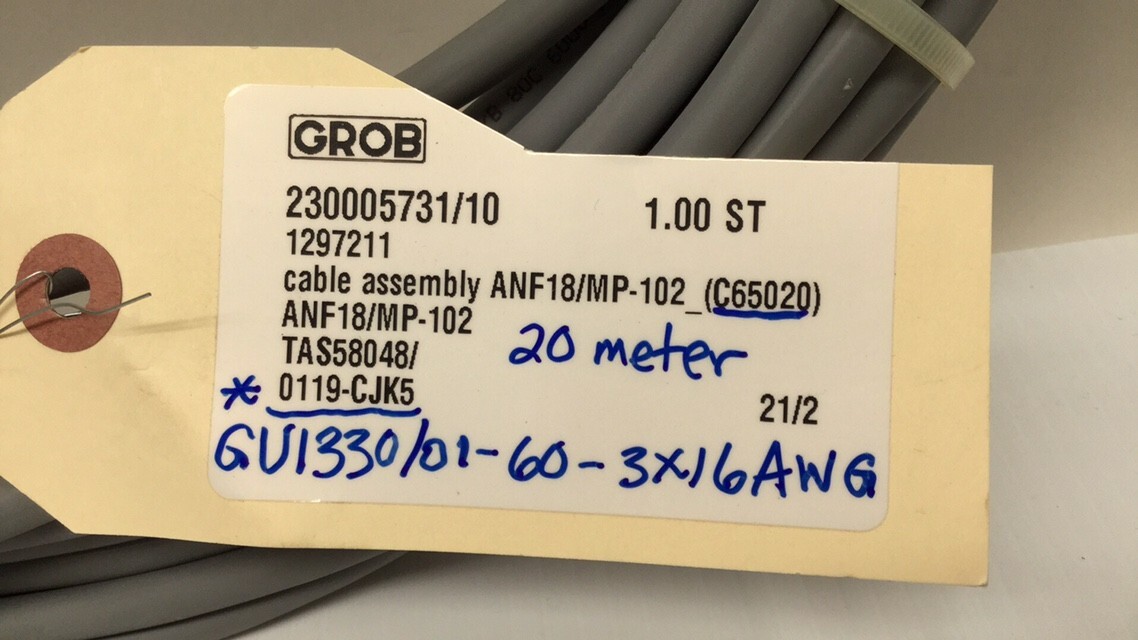 Grob 1297211 Cable Assembly 230005731/10 ANF18/MP-102 GU1330/01-60-3X16AWG-20.0M