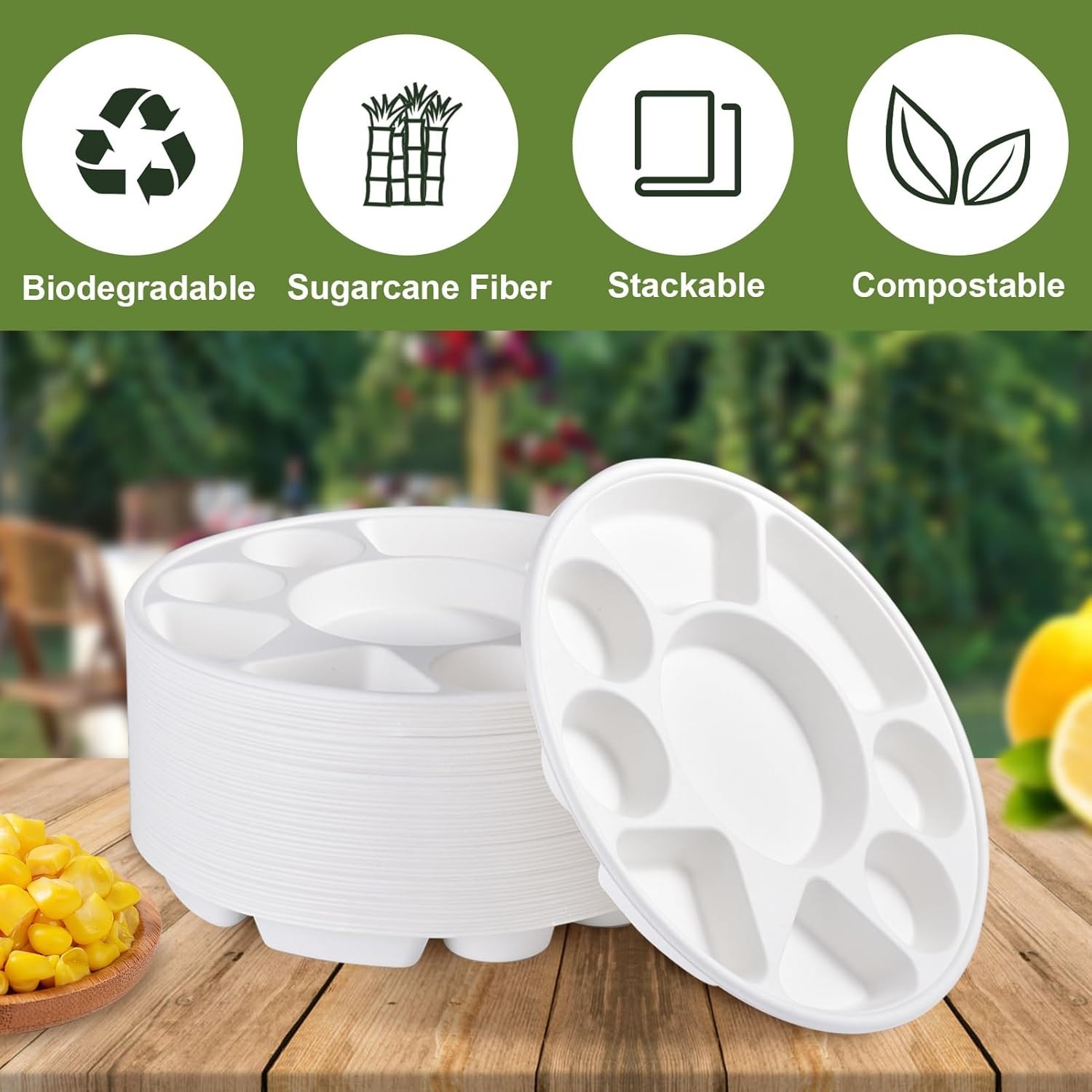 (100/Count) 100% Compostable 9 Compartment Bagasse Meal Tray, White