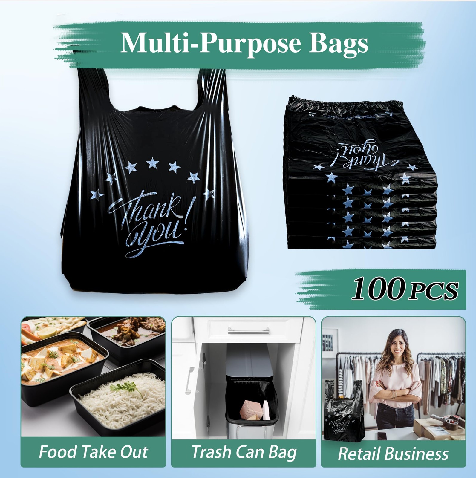 100 Pcs Reusable Thank You T Shirt Bags Grocery Shopping Bags, 11x6x21 Inch