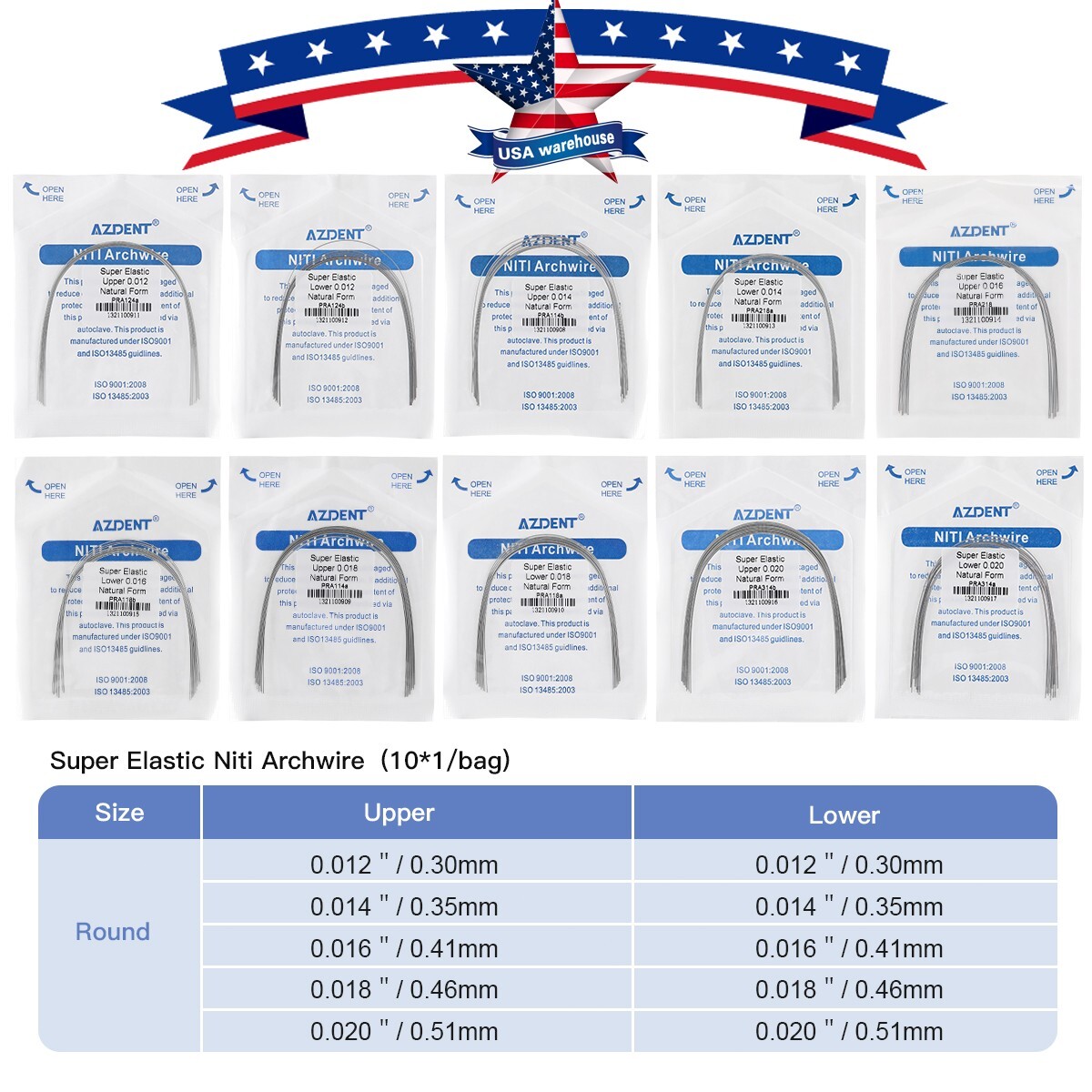 10X AZDENT Dental Orthodontic Super Elastic Niti Reverse Curve Round Arch Wires