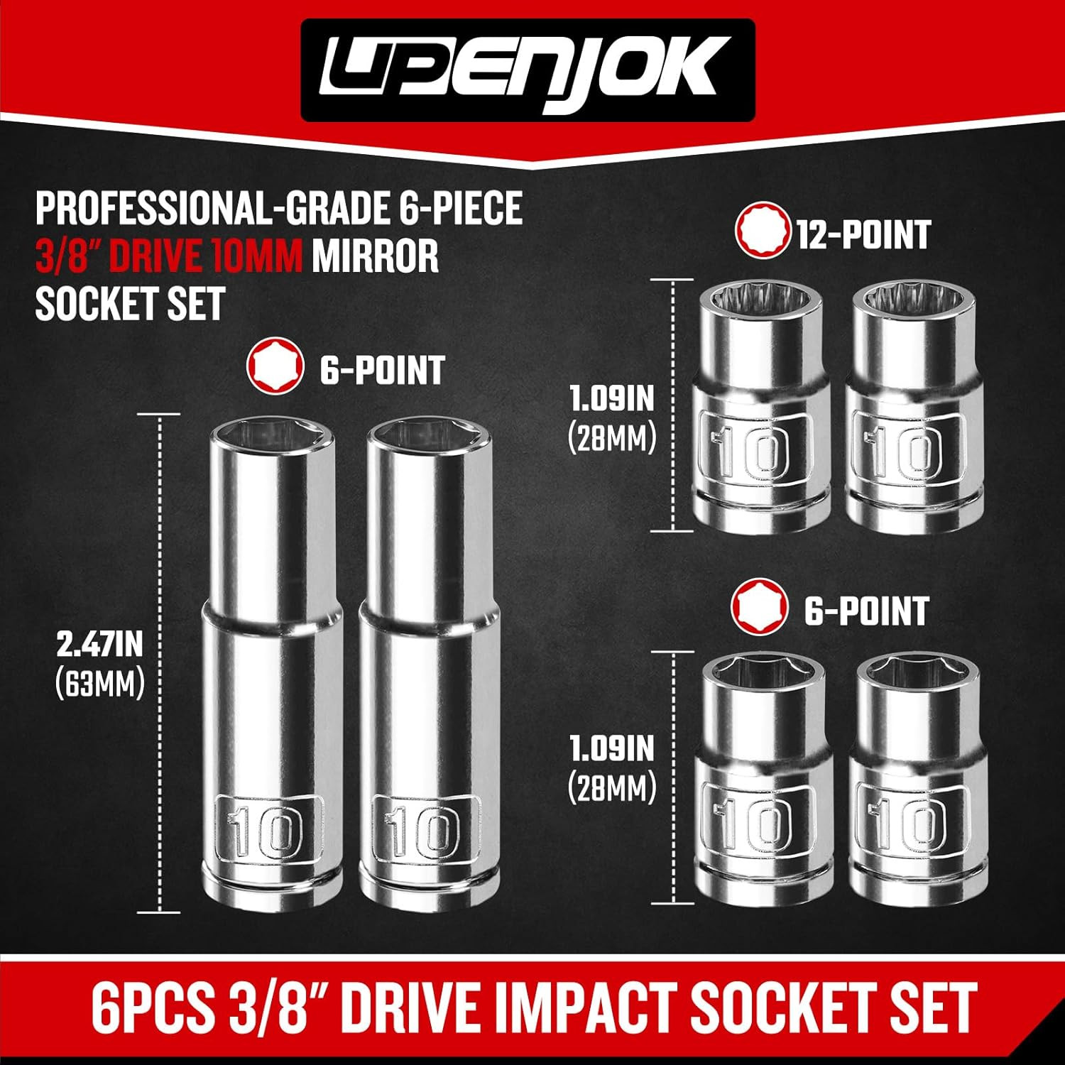 6PCS 3/8″ Drive 10Mm Socket Set, Deep & Shallow, Mirror Finish, Cr-V Steel