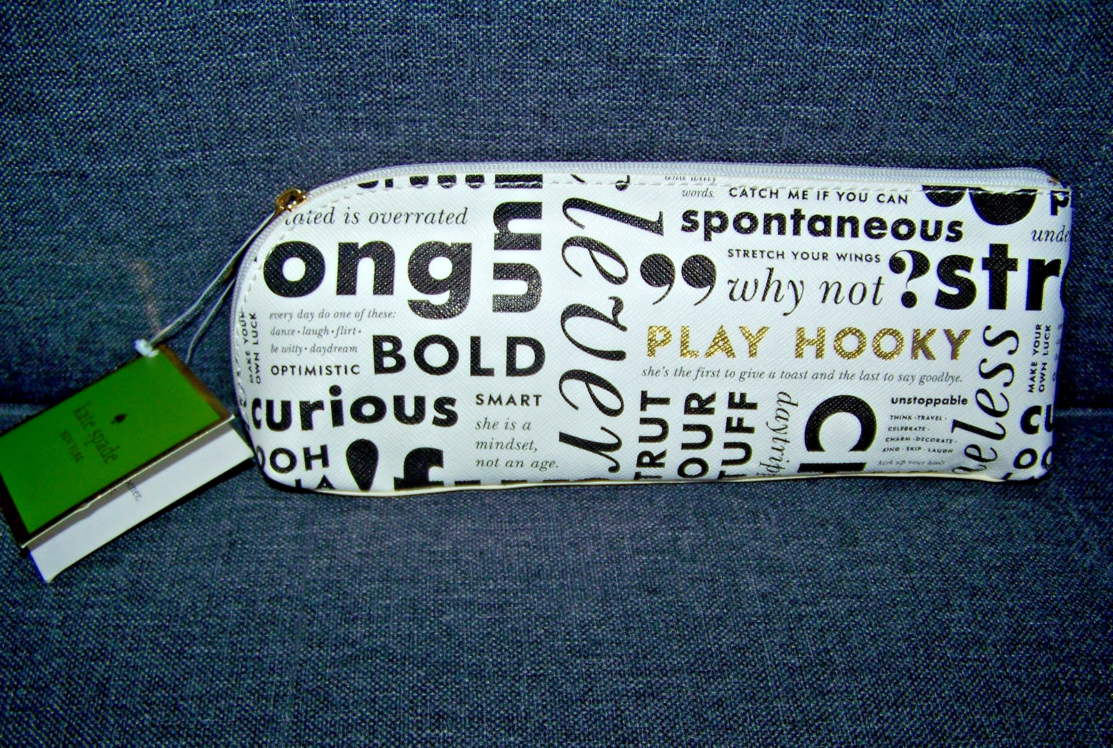 Kate Spade WORD Pencil Pouch Cosmetic Case Travel Bag Faux Leather w Accessories