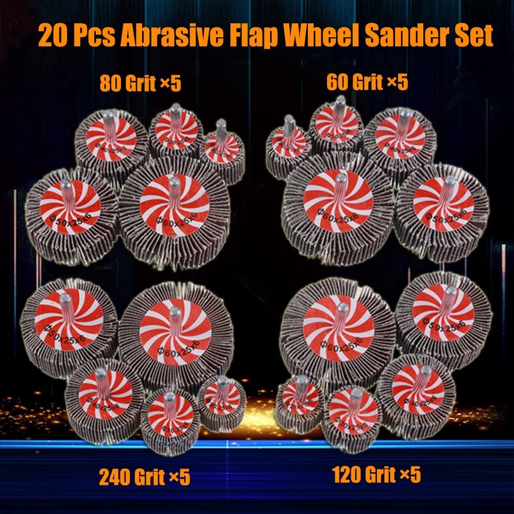 20 Pcs 5 Sizes 60/80/120/240 Grits Abrasive Flap Wheel Sander, 1/4 Inch Shank…