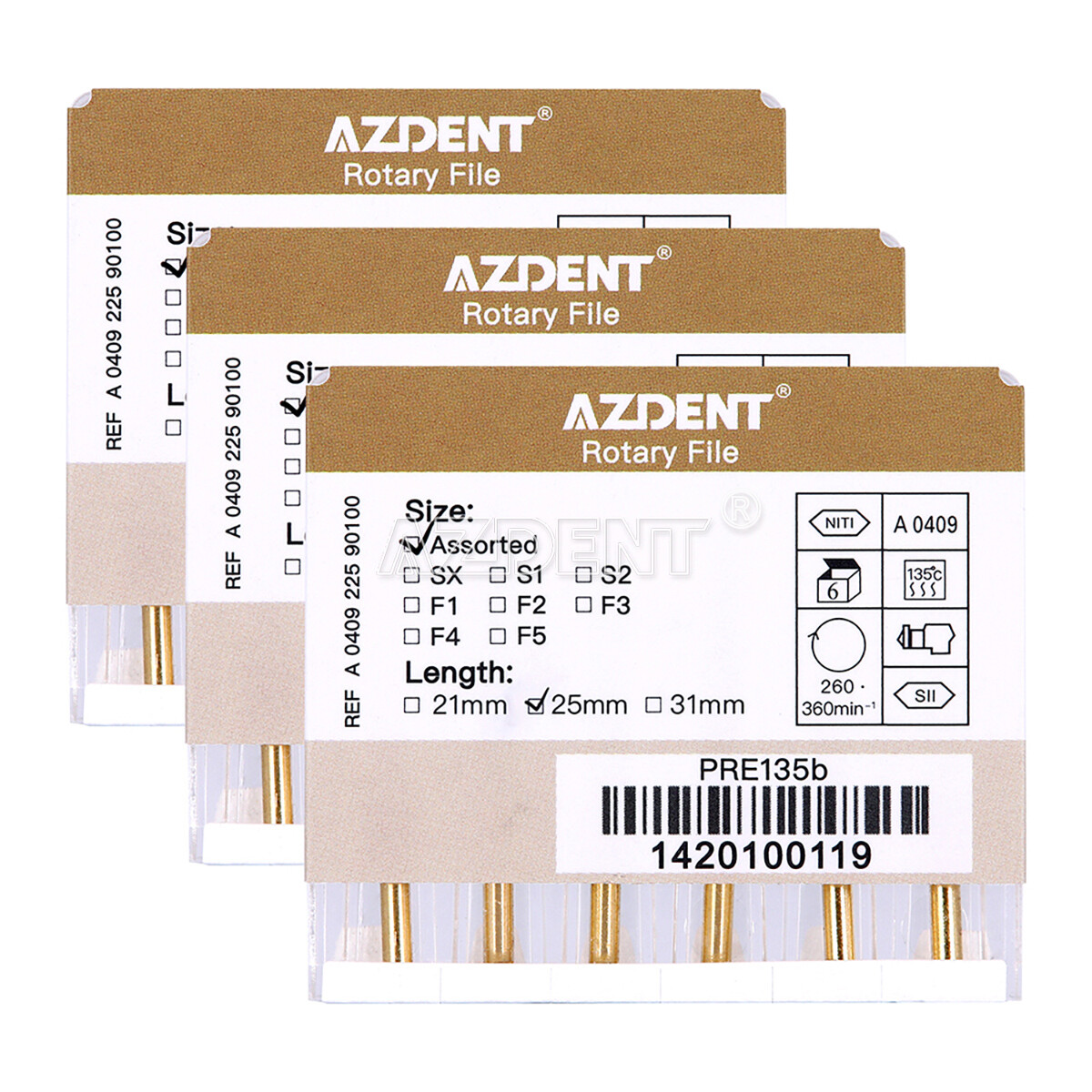 AZDENT Dental Endodontic Gold Taper NITI Rotary Files Engine Use 25mm 6PCS/Packs