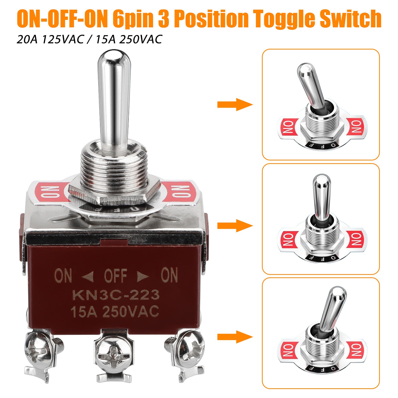 3X Heavy Duty DPDT ON/OFF/ON Toggle Switch 20A 125V/15A 250V Terminal Waterproof