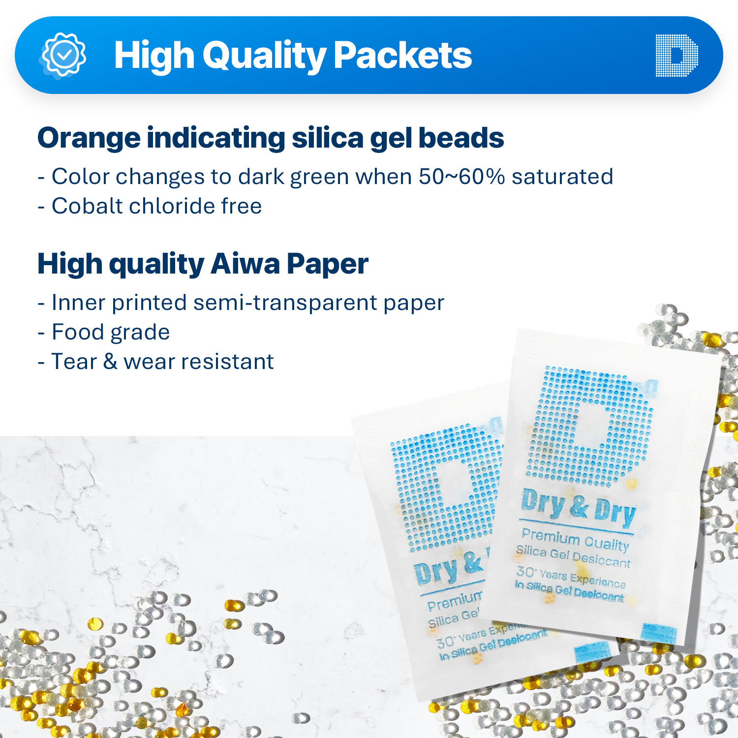5 gram X 60 Packets “Dry & Dry” Food Grade Orange Indicating Silica Gel Packets