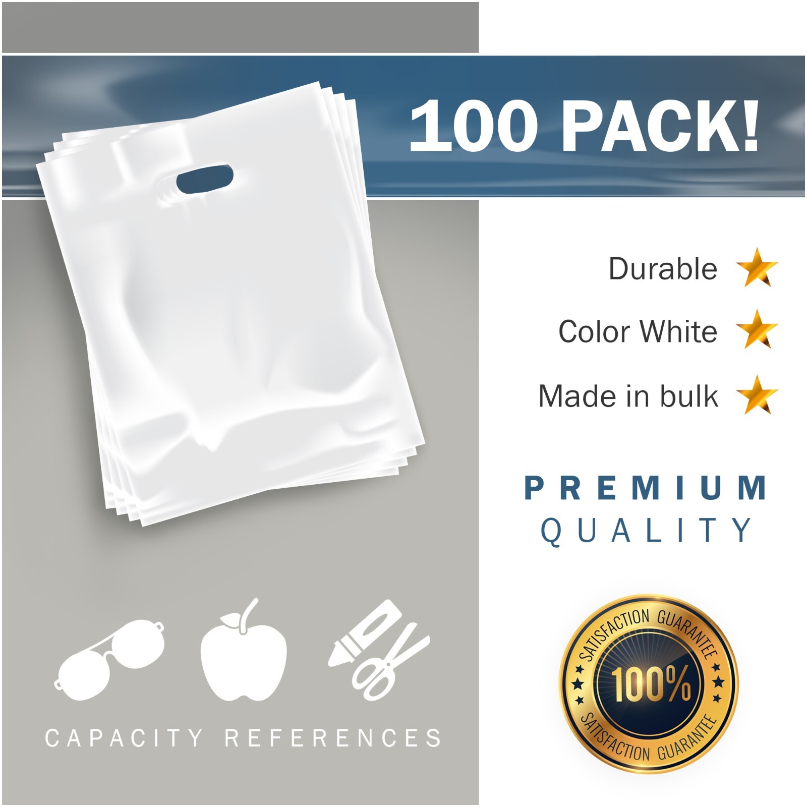 White Merchandise Plastic Shopping Bags – 100 Pack 9″ x 12″ with 1.5 mil Thick