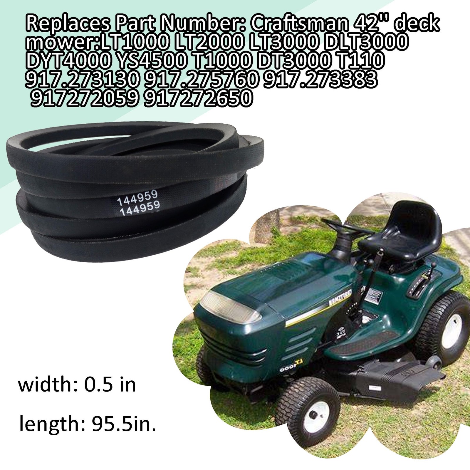 Mower Deck Belt 1/2 x 95.5 HeavyDuty Replacement for 42 Riding Mowers for Lawn