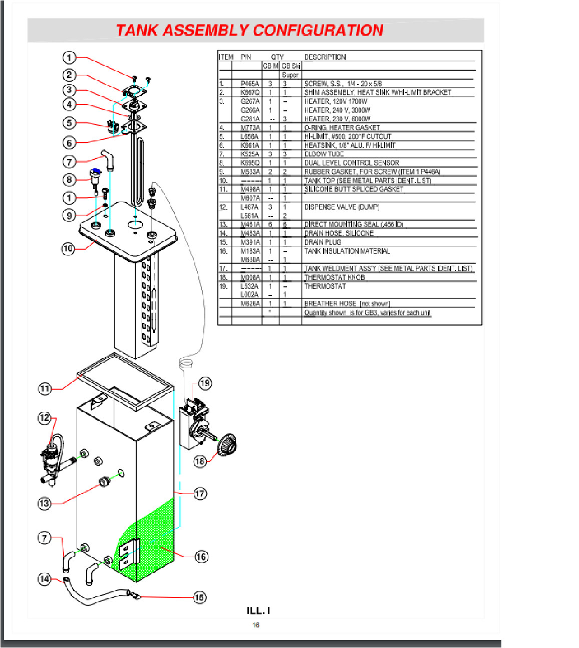 replacement tank Cecilware GB4K, 4-Head Cappuccino Machine valve,limit,heater
