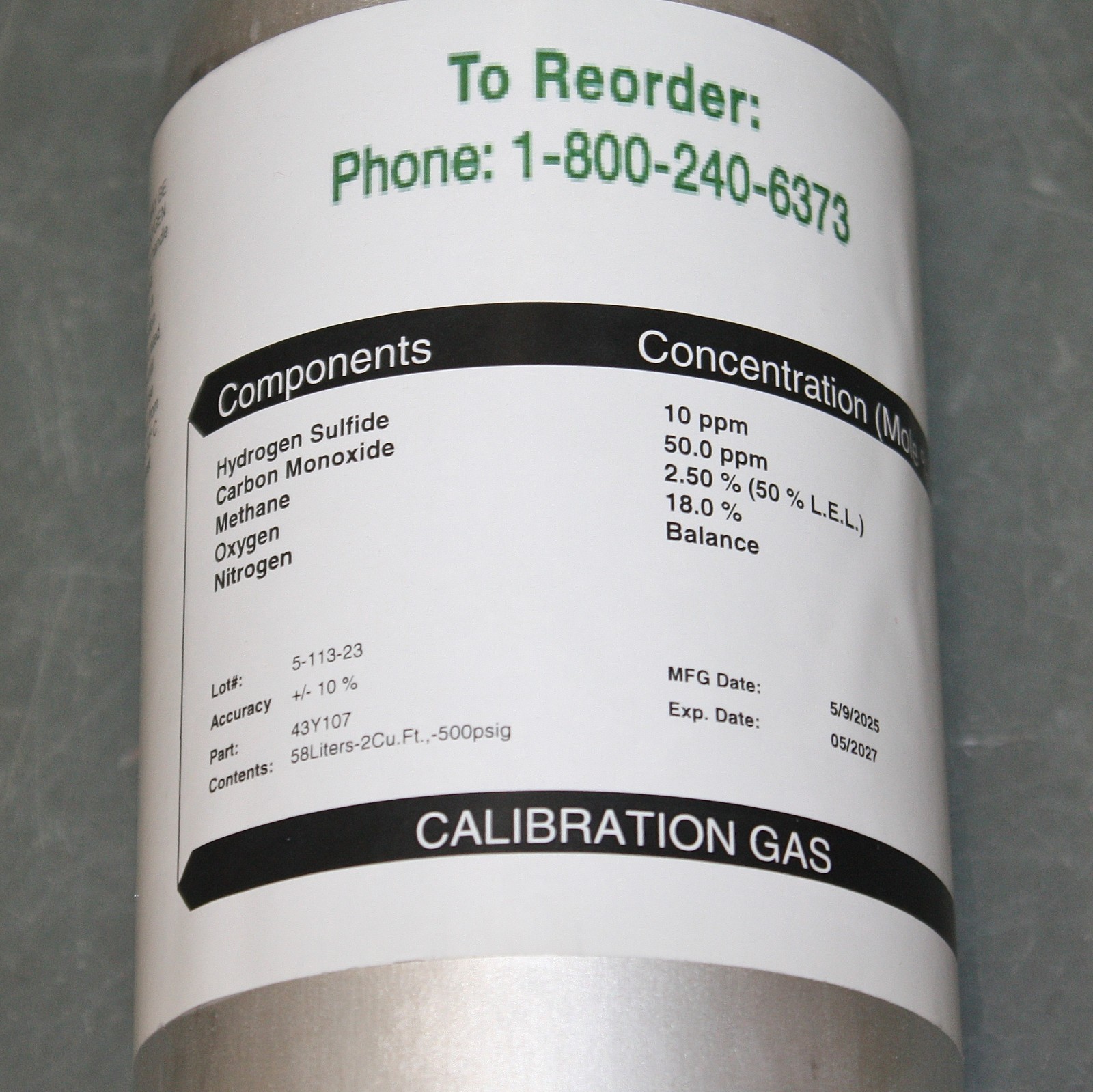 EXPIRES 05/2027 – Norco Calibration Gas Z105310PM32, 58 L, Hydrogen Sulfide & CO