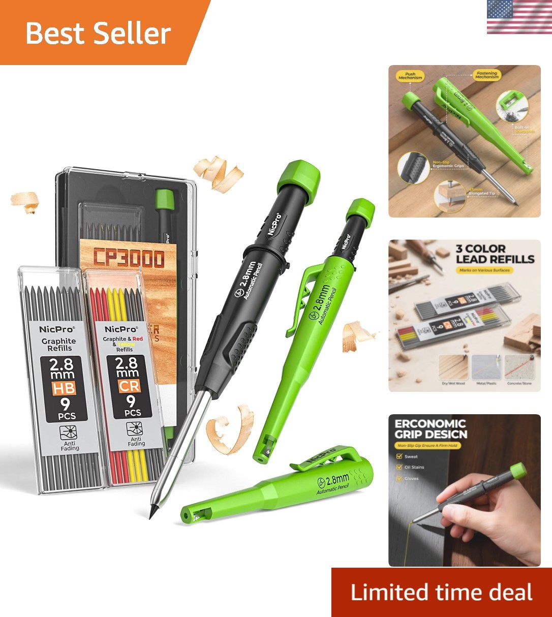 Carpenter Pencil with Sharpener, CP3000 Carpenter Mechanical Pencils with 19 …