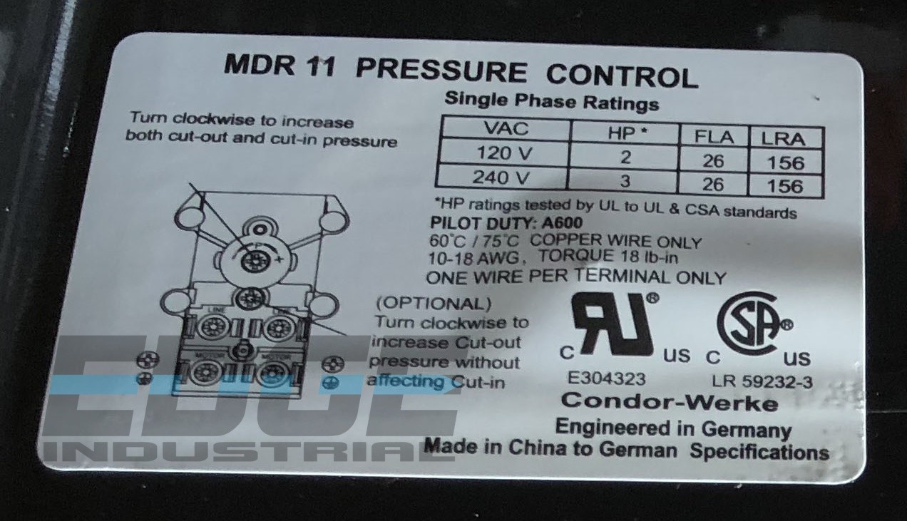 HEAVY DUTY CONDOR PRESSURE SWITCH, 26AMP, 11GC2E, 100/125 PSI, 4-PORT, 1/4″ FNPT