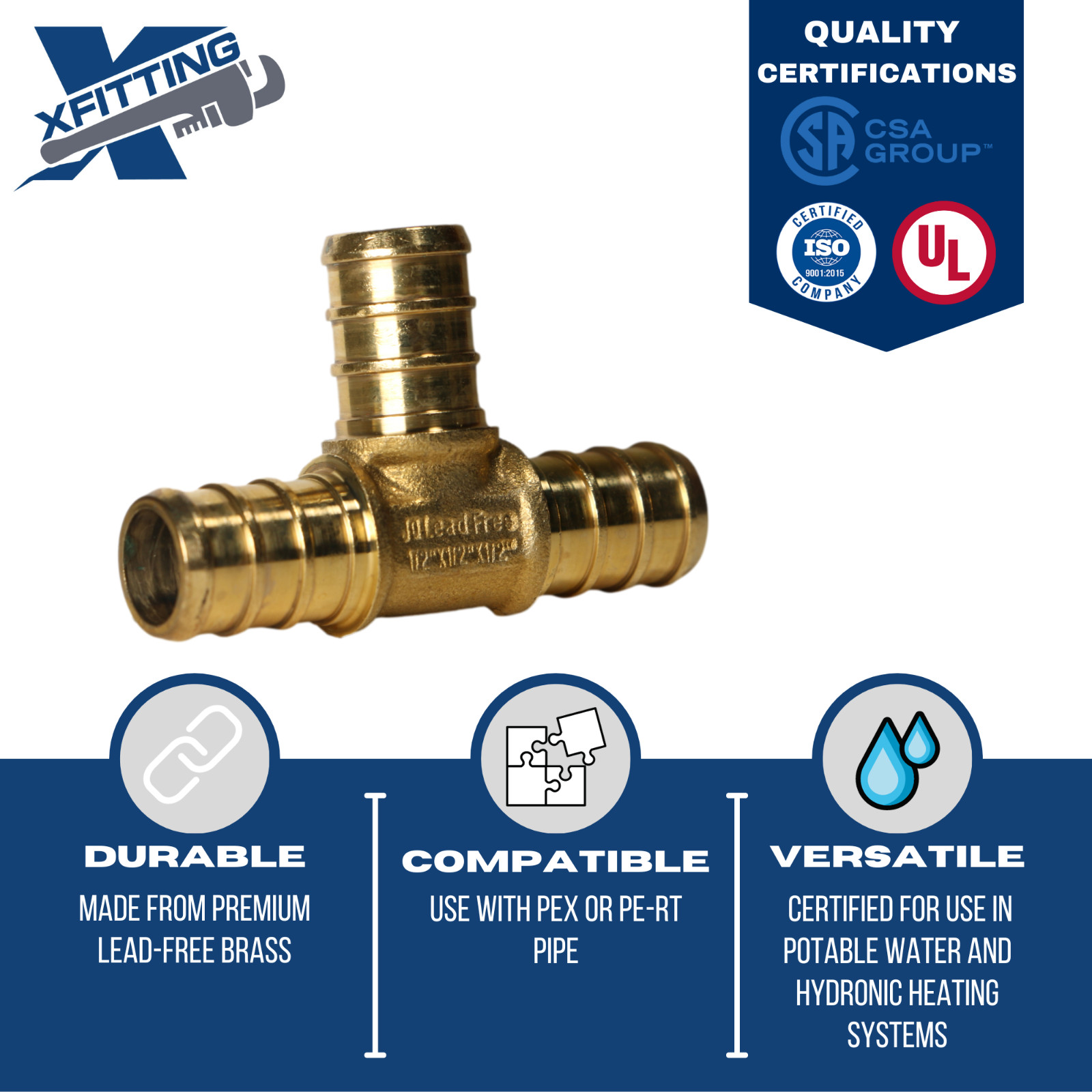 25 PIECES 1/2″ X 1/2″ X 1/2″ PEX TEE – BRASS CRIMP FITTINGS (LEAD-FREE BRASS)