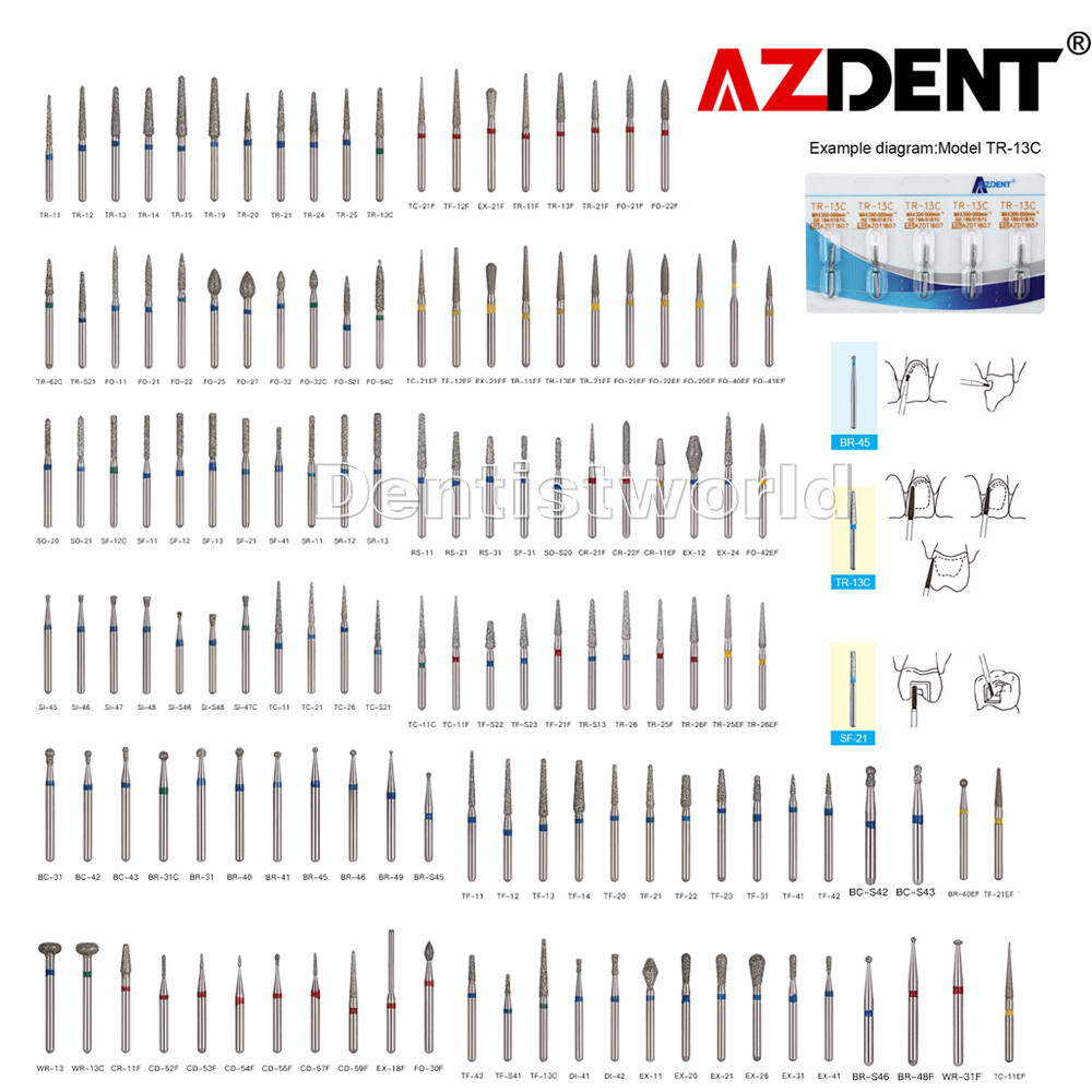AZDENT 100Type Dental Diamond Burs FG Drill F High Speed Handpiece 1.6mm 5pc/PK
