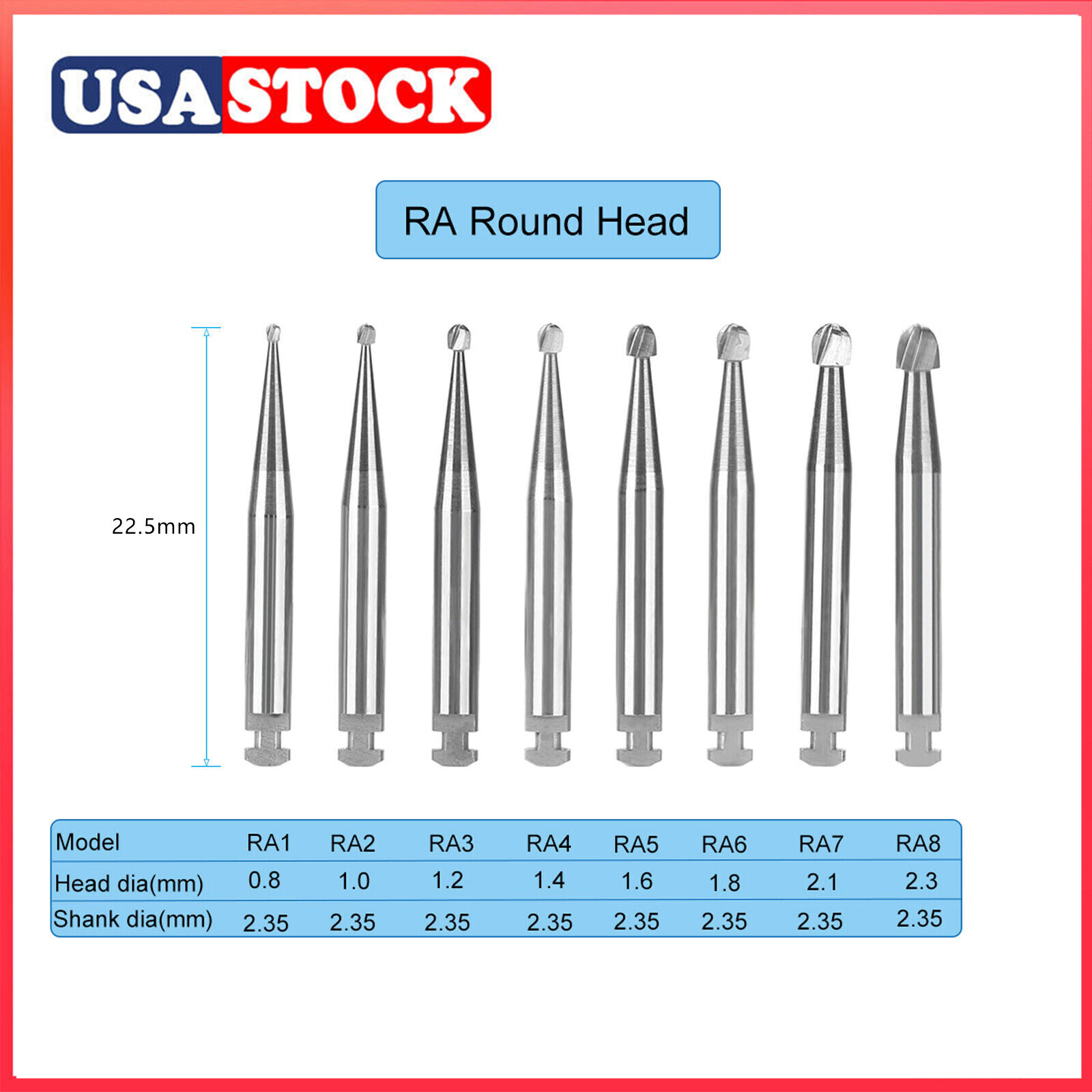 5-100 8 Types Dental Round Carbide Bur for Slow Speed Latch Type RA 1# – 8# Burs